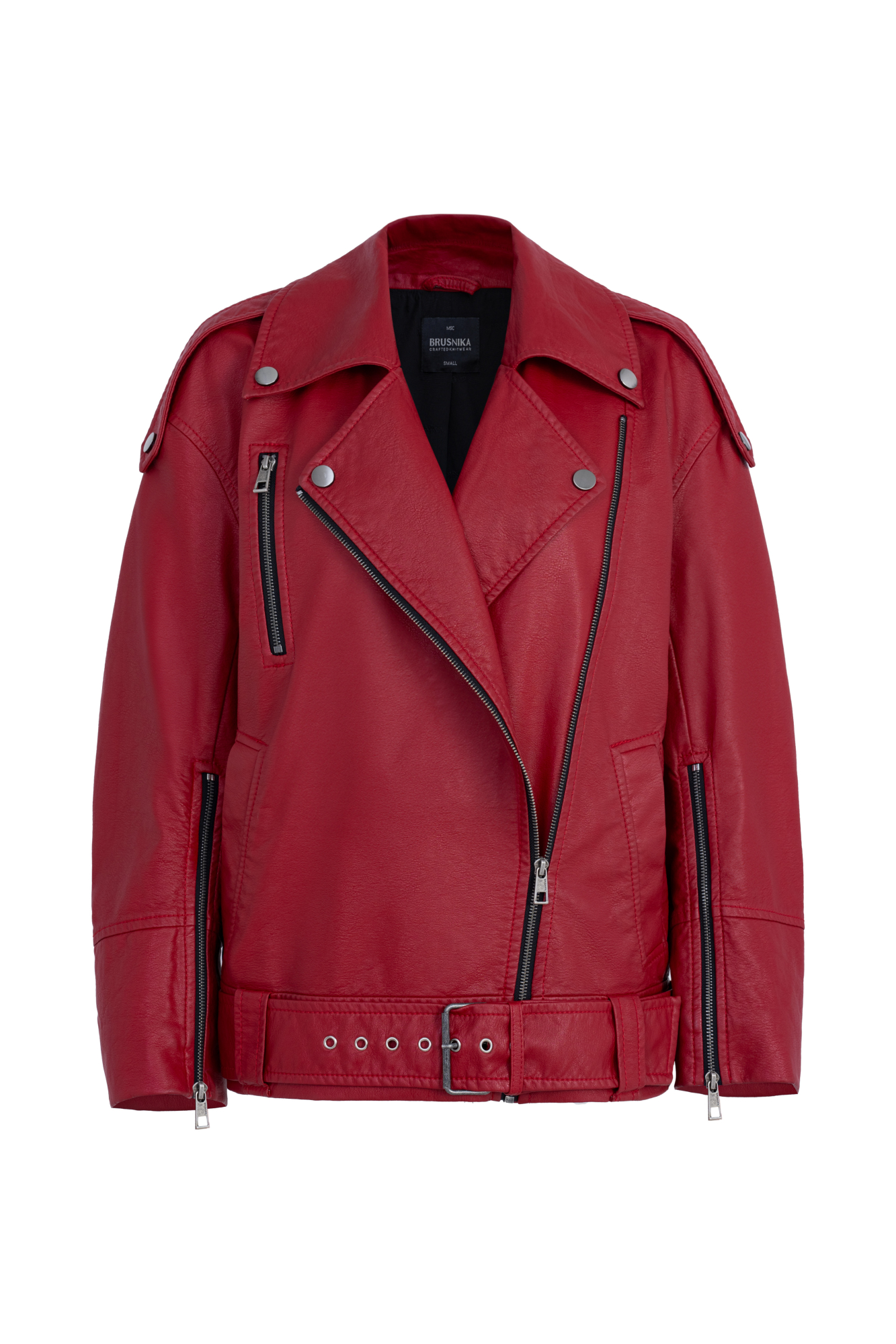 Куртка из экокожи с поясом. Модель свободного силуэта со спущенной линией плеча и боковыми карманами. Изделие декорировано металлическими кнопками и молниями. На подкладке.