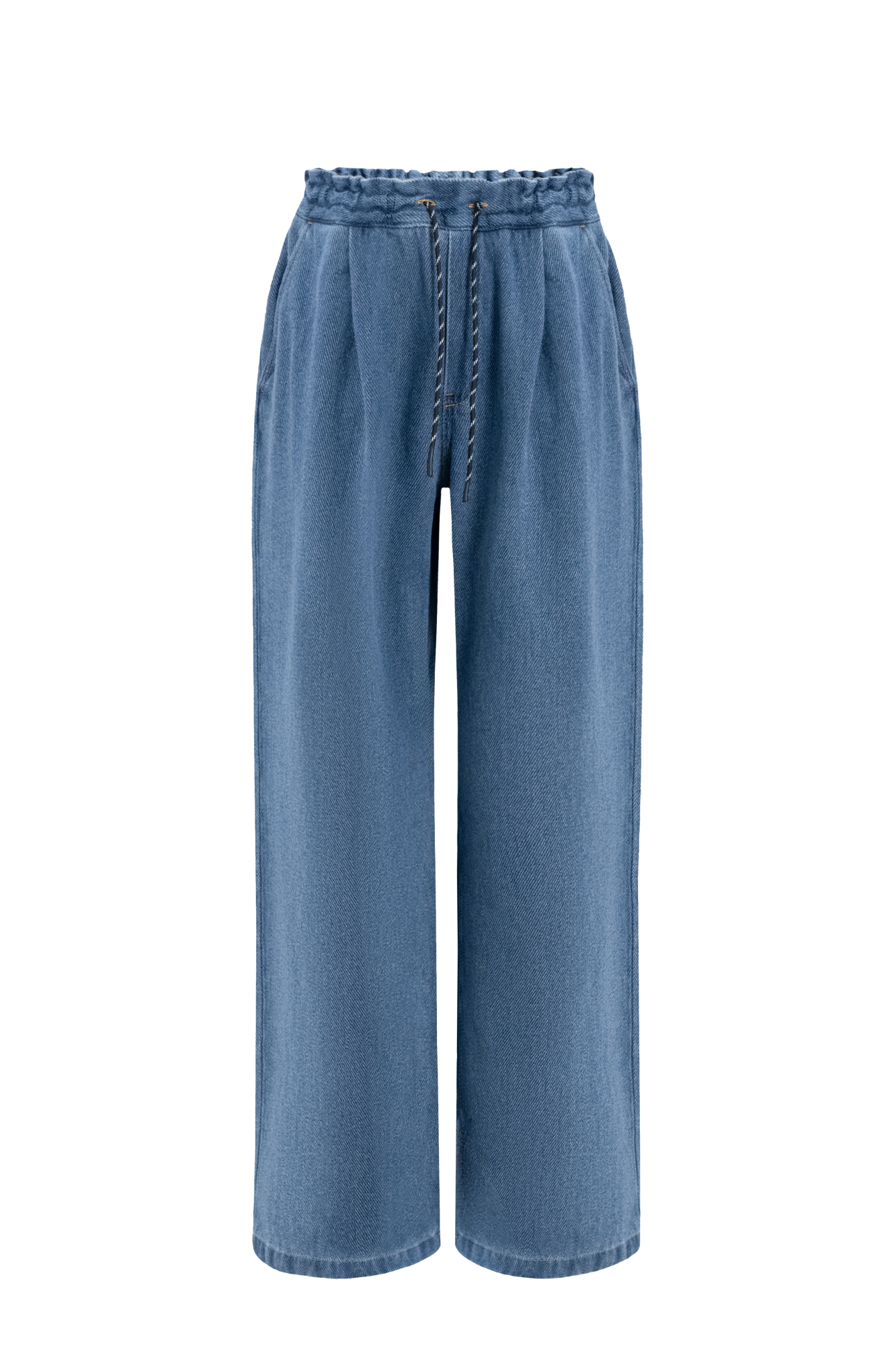 Джинсы на кулиске из 100% хлопка с текстурой в диагональный рубчик. Модель прямого кроя с высокой посадкой. 2 боковых кармана.