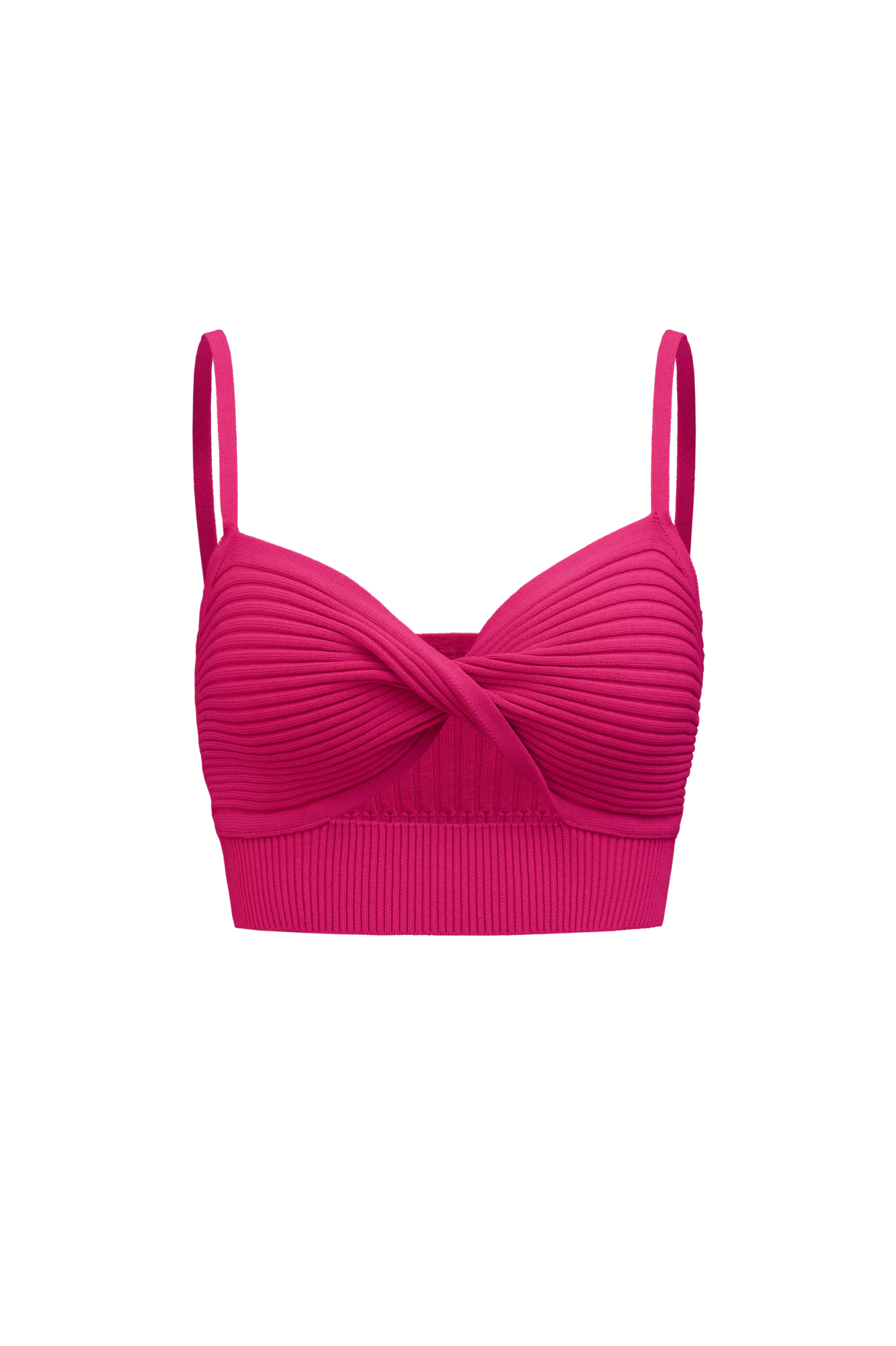 Трикотажный топ с перекрутом спереди на тонких бретелях. По низу топа широкая резинка для плотной фиксации на теле.