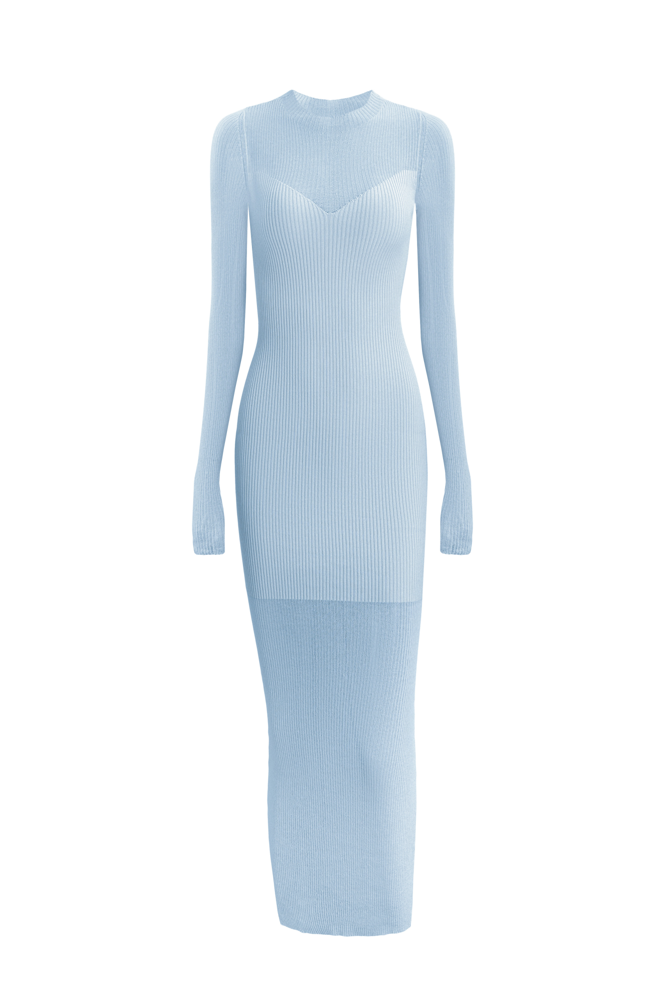 Платье макси облегающего кроя из трикотажа на основе хлопка и вискозы. Круглый вырез. Длинные рукава. Имитация прозрачного нижнего слоя.