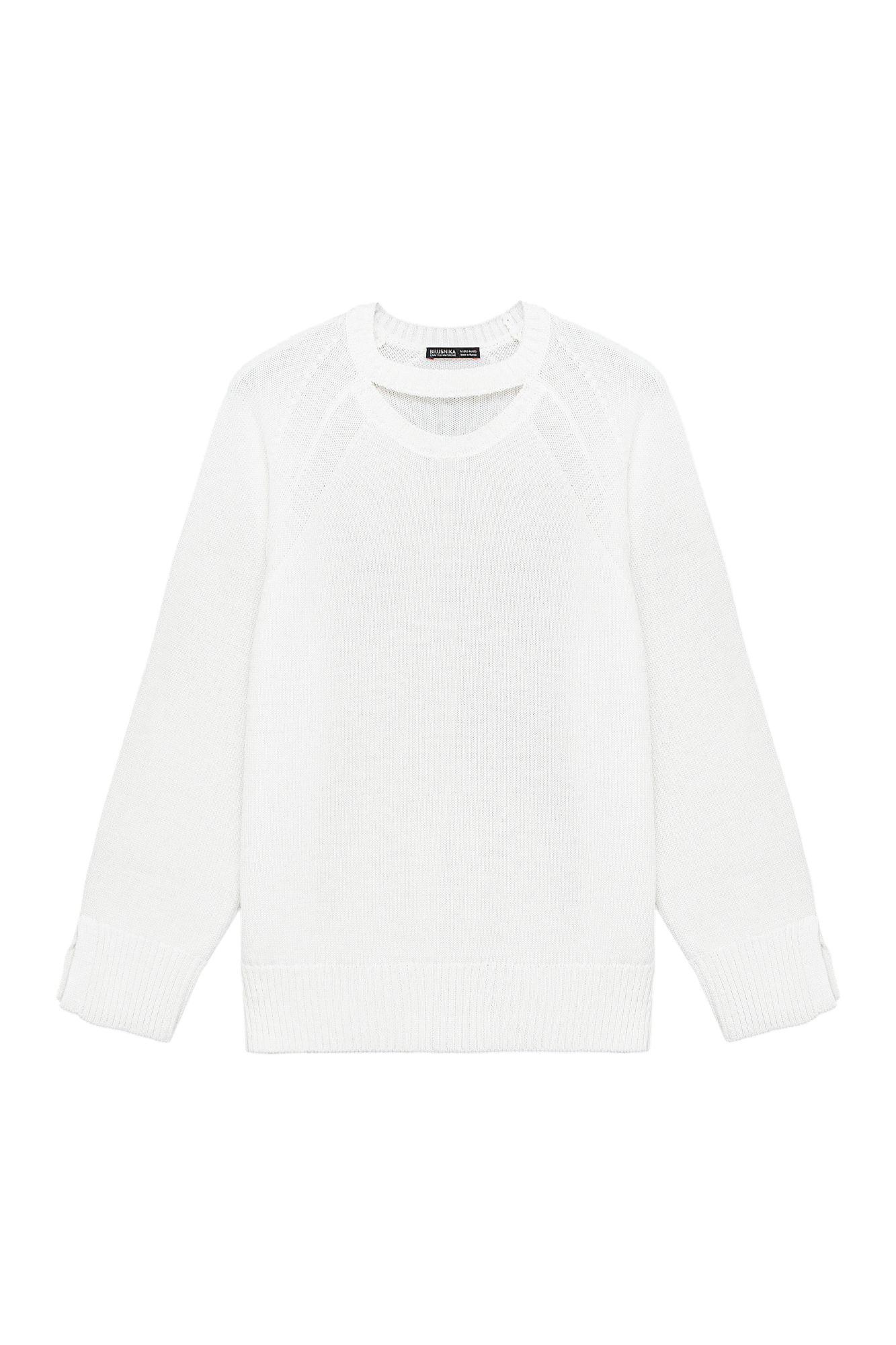 Трикотажный джемпер из шерсти. Модель прямого кроя с декоративным вырезом и разрезами на рукавах.