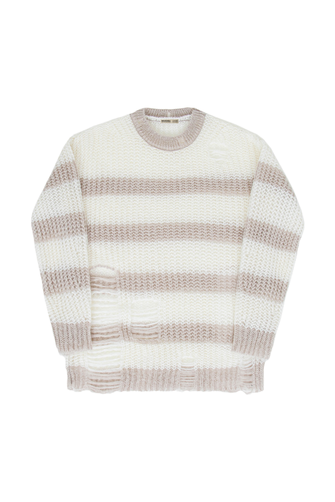 Трикотажный полосатый джемпер из шерсти с добавлением мохера в стиле гранж. Модель свободного силуэта со спущенной линией плеч и круглым вырезом горловины. Изделие выполнено с эффектом рваности.