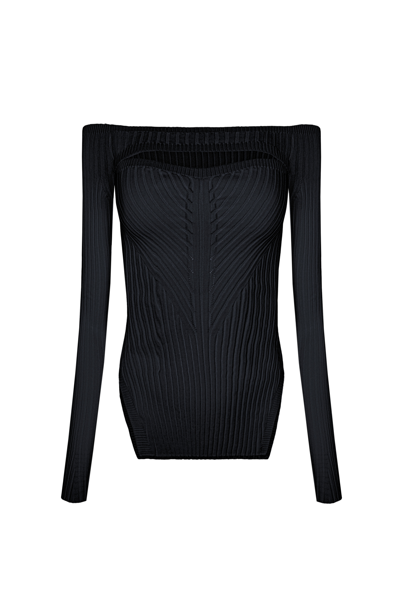 Трикотажный топ из вискозы. Модель с открытыми плечами и длинными рукавами. Изделие декорировано небольшим вырезом на груди.