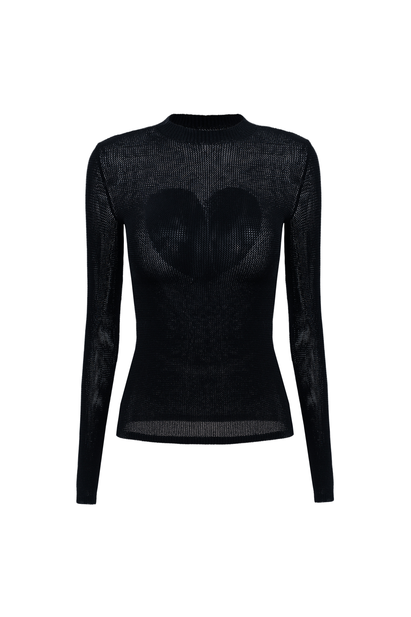 Трикотажный лонгслив с орнаментов в виде большого сердца на спине. Модель по фигуре выполнена ажурным переплетением с имитацией "сетки". 