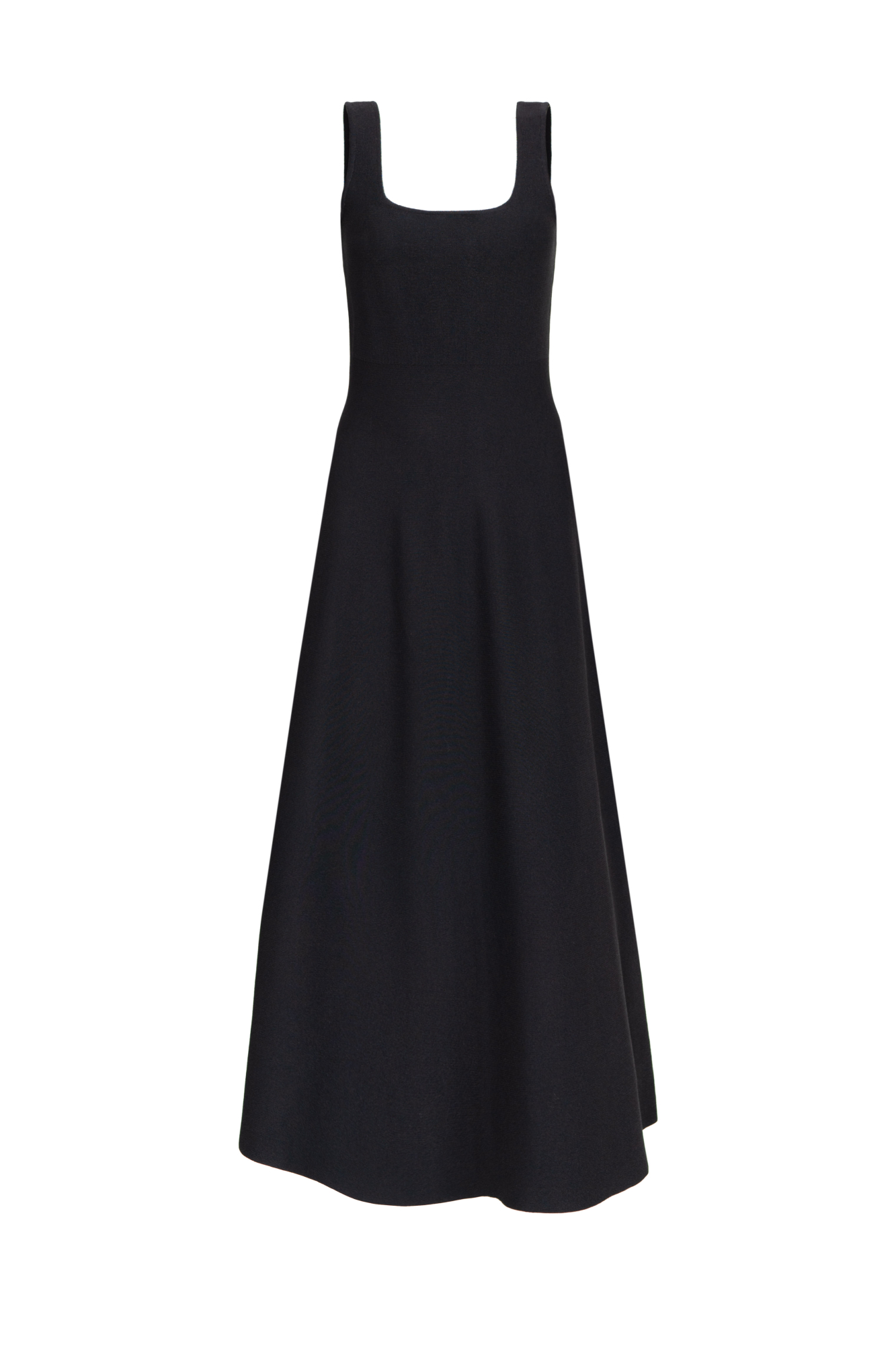Трикотажное платье длины миди из плотной вискозы. Модель без рукавов, на широких бретелях и юбкой А-силуэта. Застежка на молнию сзади.