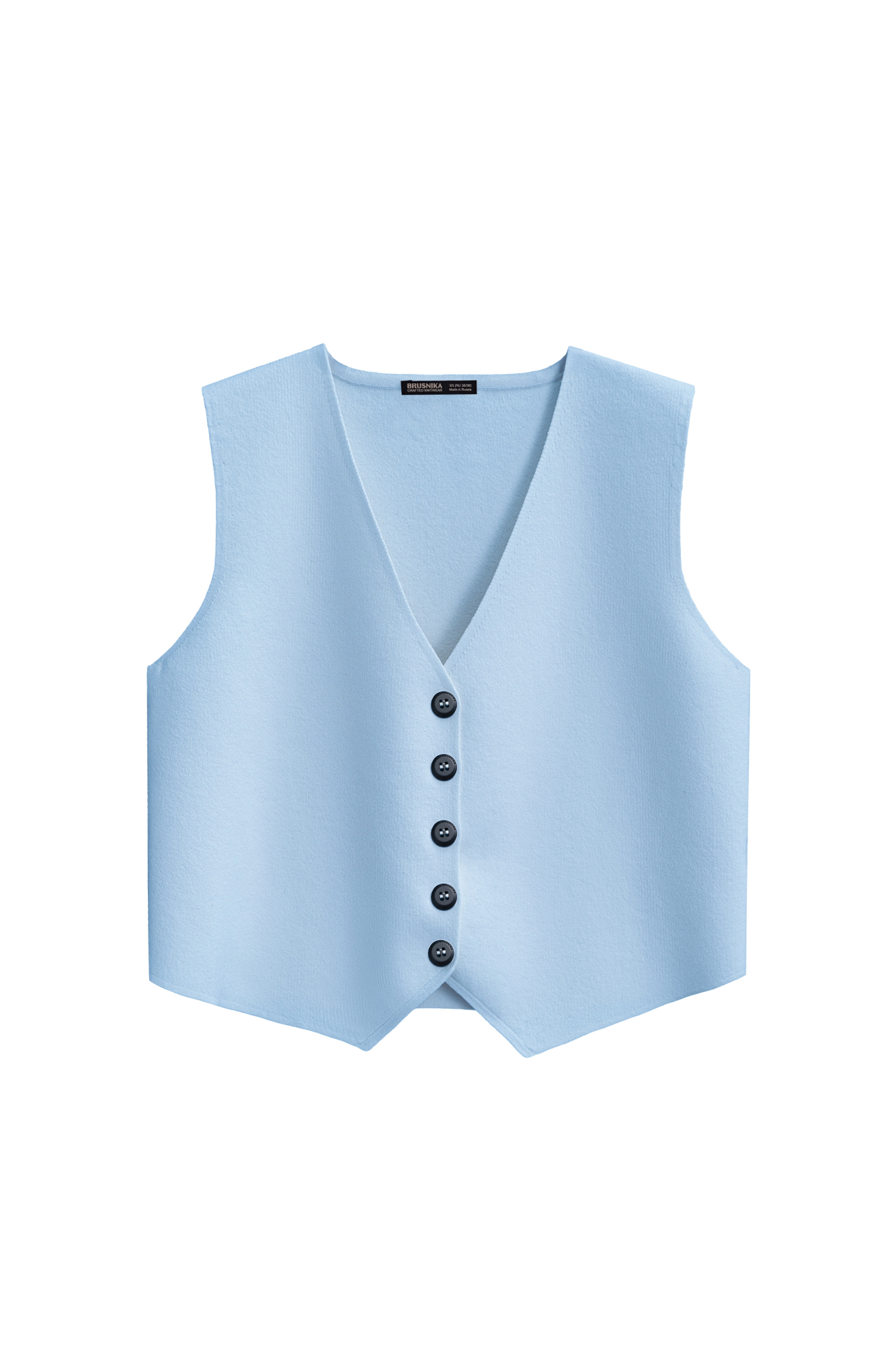 Трикотажный жилет из вискозы. Модель прямого кроя с V-образным вырезом и застежкой на пуговицы. 
