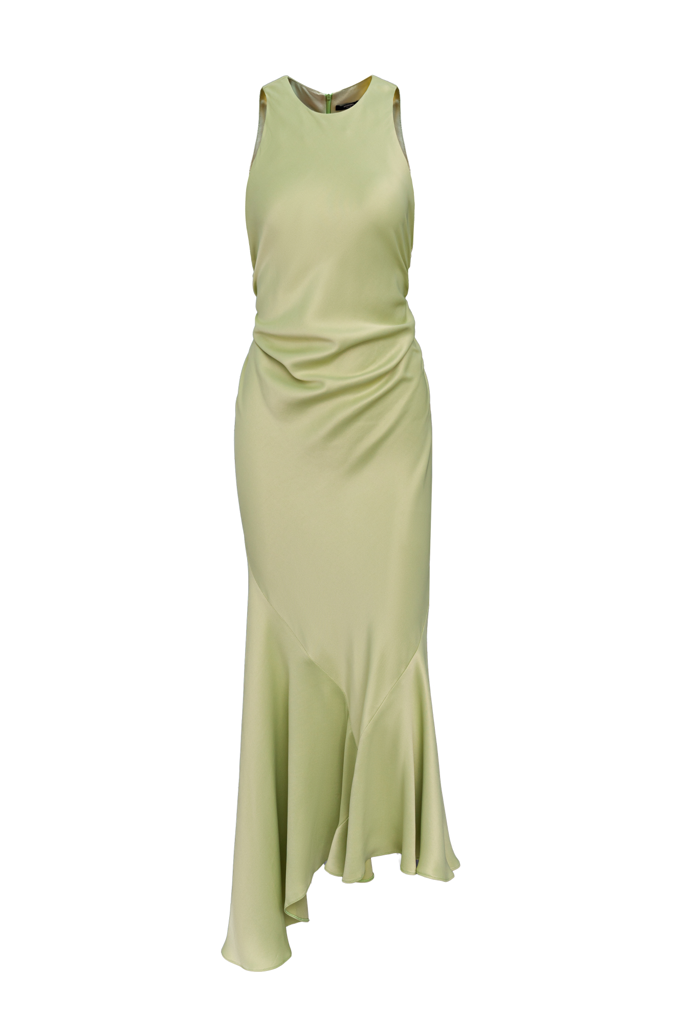 Атласное платье длины макси. Модель приталенного силуэта, с круглым вырезом горловины, без рукавов. Модель декорирована асимметричной юбкой и драпировкой на талии.