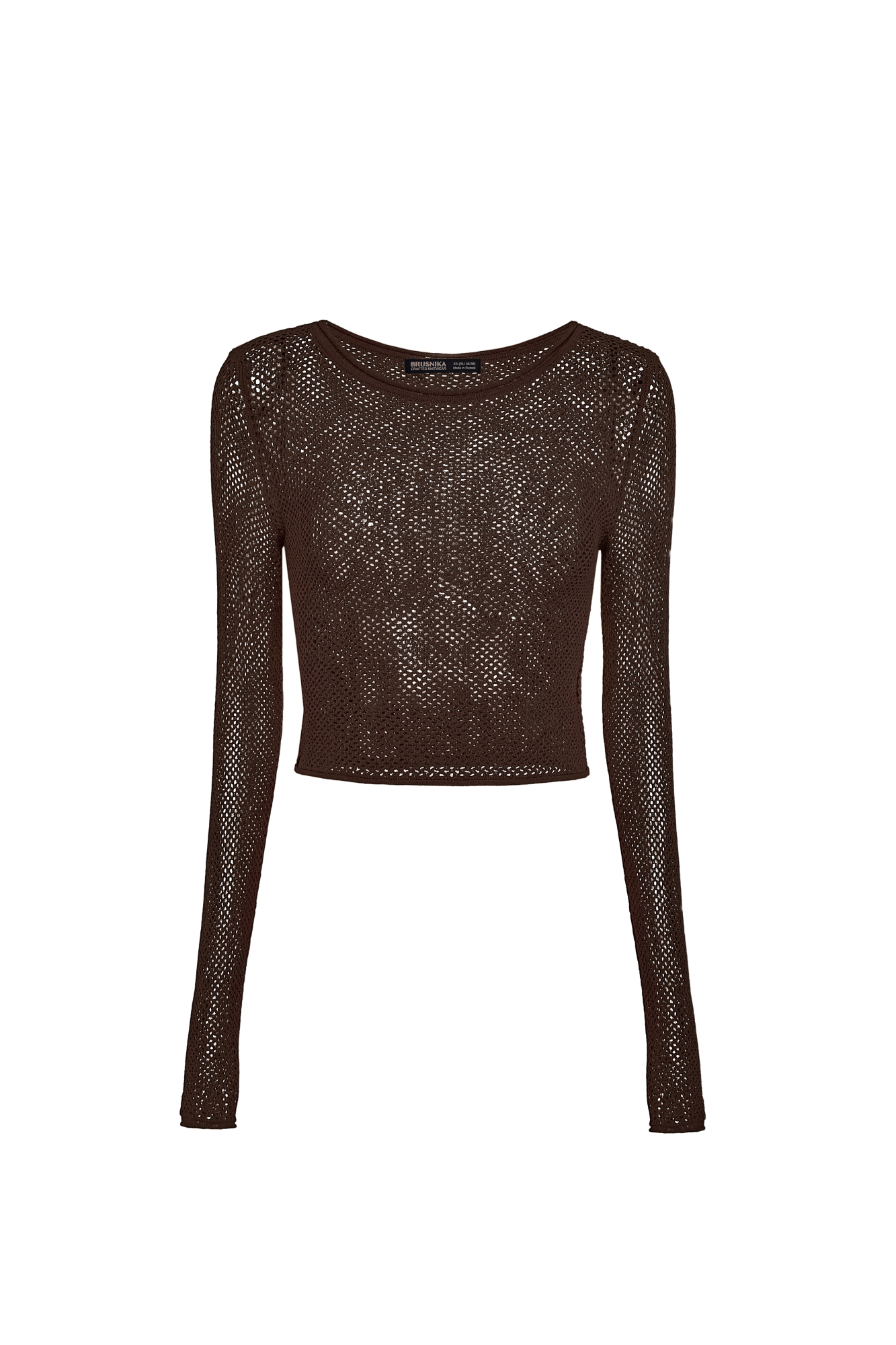 Трикотажный топ из вискозы. Модель прямого силуэта, с длинными рукавами и круглым вырезом горловины. Изделие выполнено ажурной вязкой.