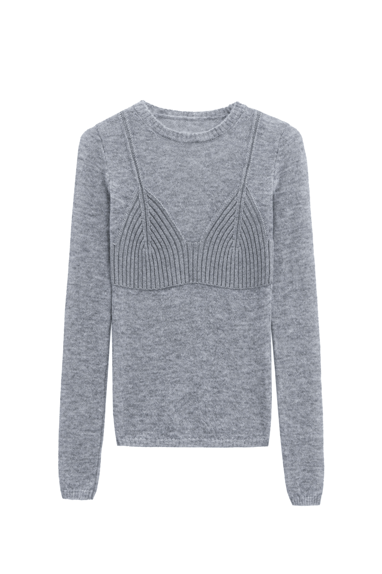 Тонкий трикотажный джемпер из шерсти мериноса экстрафайн и альпака суперфайн. Модель по фигуре с круглым вырезом горловины и длинными рукавами. Изделие декорировано акцентной деталью в рубчик, имитирующей форму бюстье на тонких бретельках. 