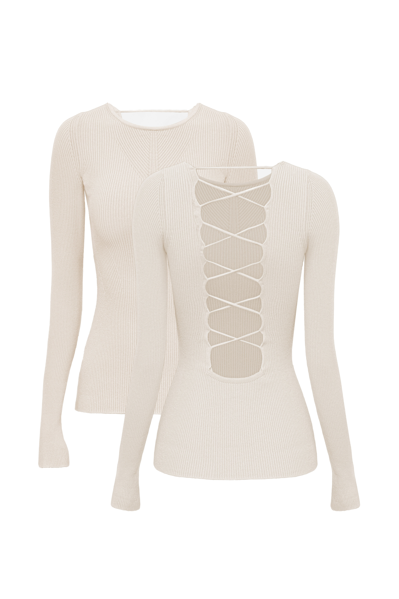 Трикотажный топ из тонкого трикотажа на основе вискозы. Модель с длинным рукавом и круглым вырезом горловины. Изделие декорировано вывязанным узором на груди и глубоким вырезом со шнуровкой на спине.