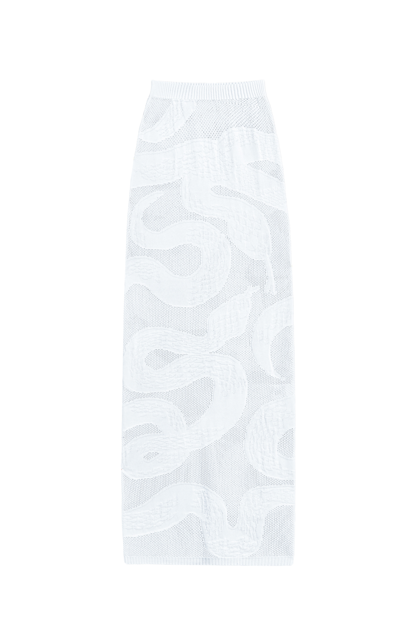 Трикотажная юбка длины макси из органического хлопка. Модель по фигуре, с широким эластичным поясом в рубчик и разрезом сзади. Изделие декорировано жаккардовым узором в виде змеи. Без подкладки.<br />
Органический хлопок - более экологичная и безопасная альтернатива обычному хлопку, выращенная без использования химикатов.