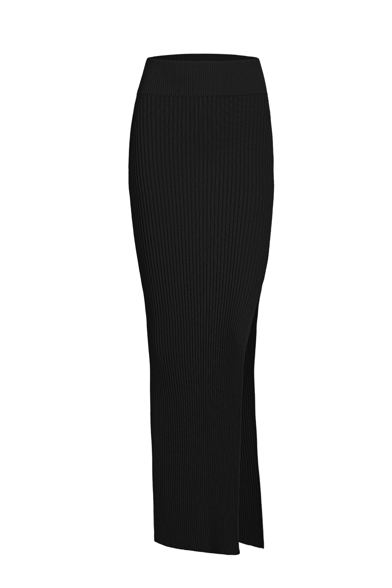 Трикотажная юбка длины макси с разрезом. Облегающий силуэт из вискозы с эластичным поясом в рубчик. Дополнить образ можно топом с открытой спиной из этой же коллекции.
