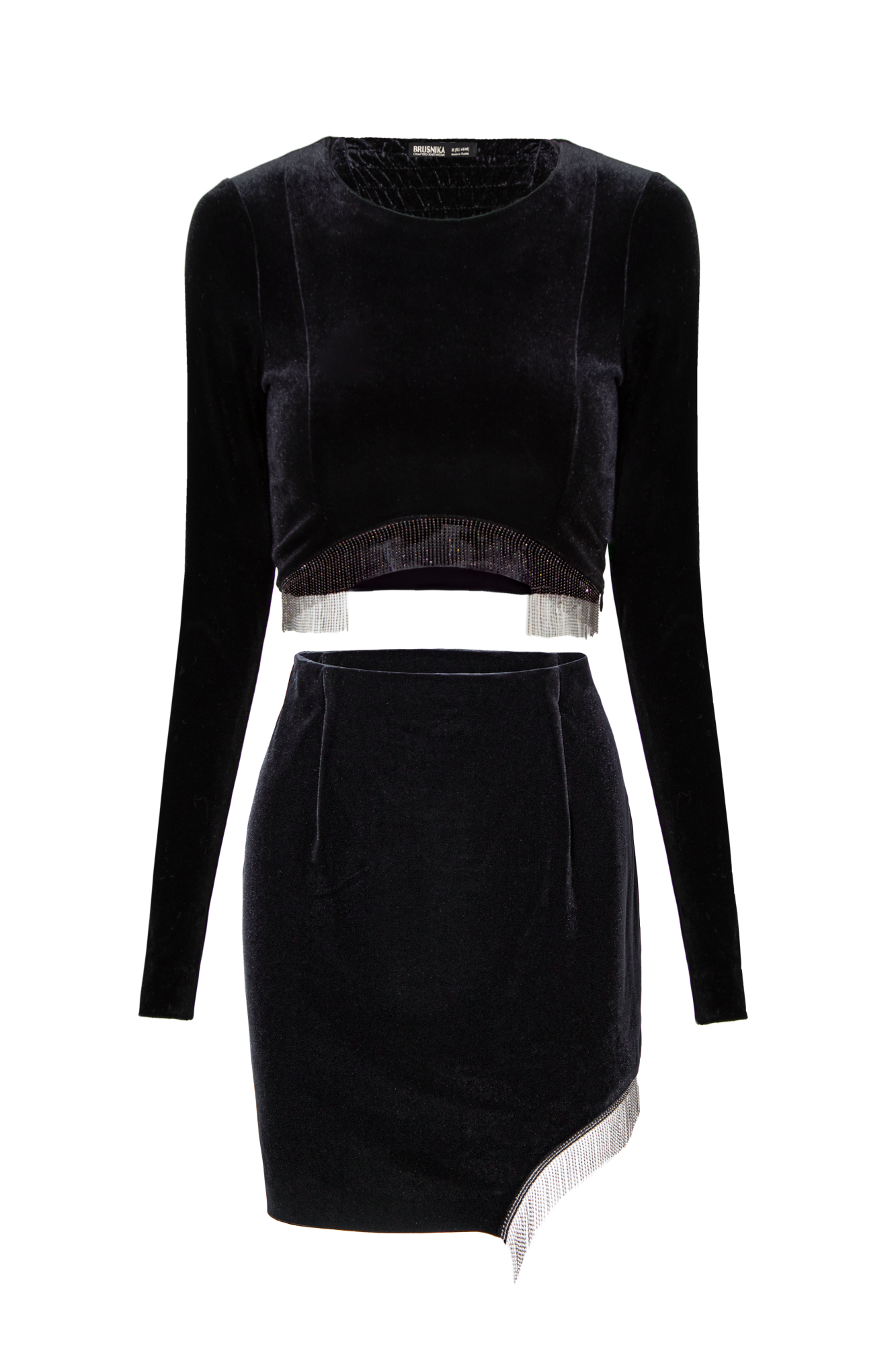 Бархатный костюм из вискозы с топом и юбкой. Юбка с ассиметричным низом.