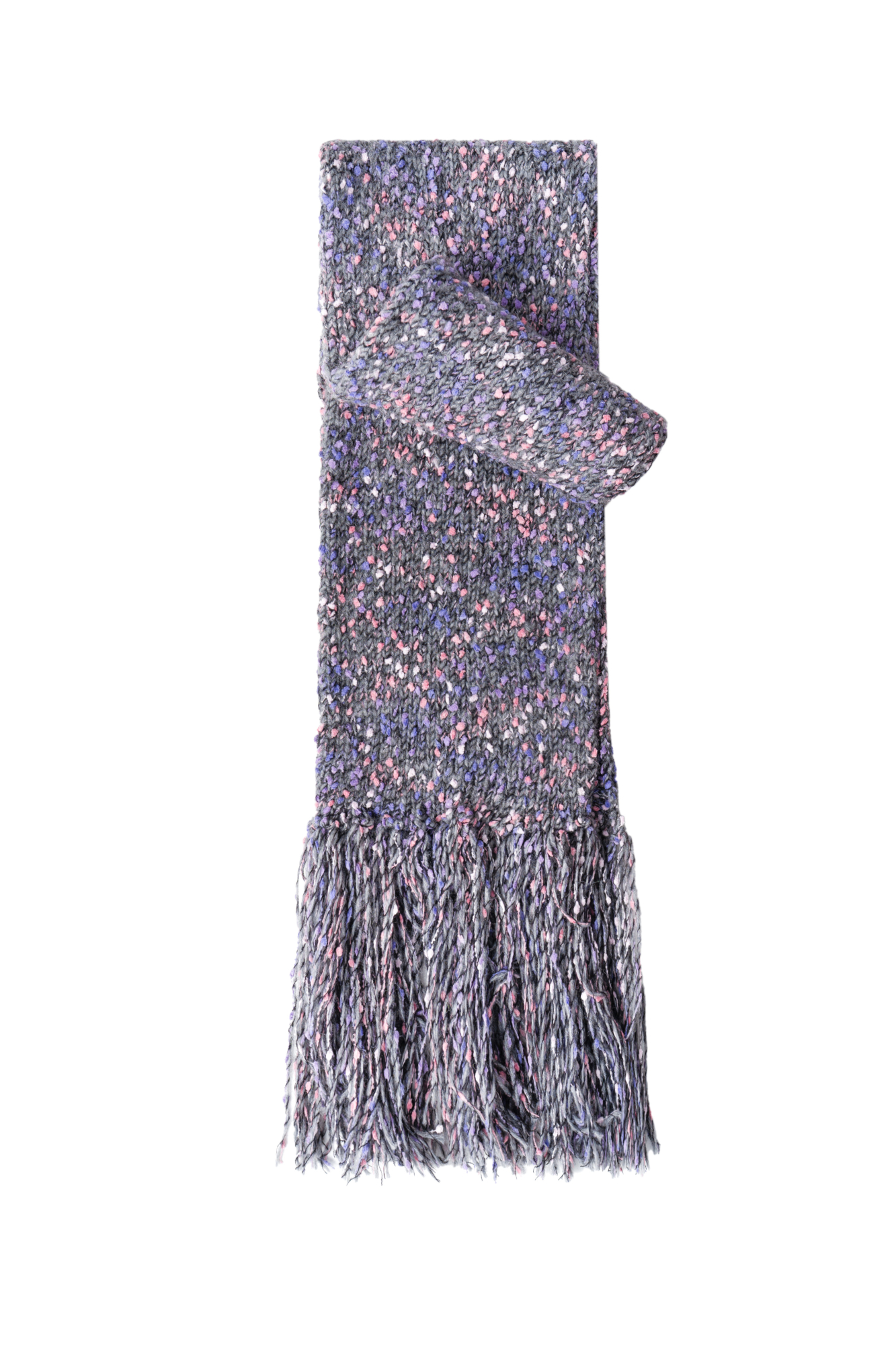 Трикотажный шарф из буклированной пряжи с длинной бахромой.