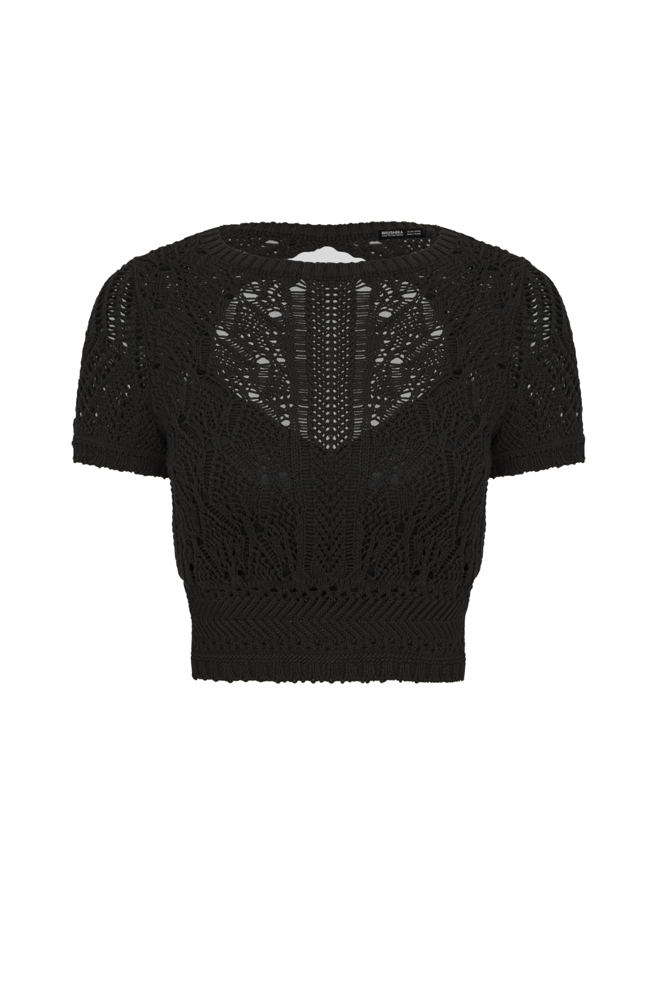 Трикотажный ажурный топ из хлопка с добавлением эластана. Модель с короткими рукавами и открытой спиной.