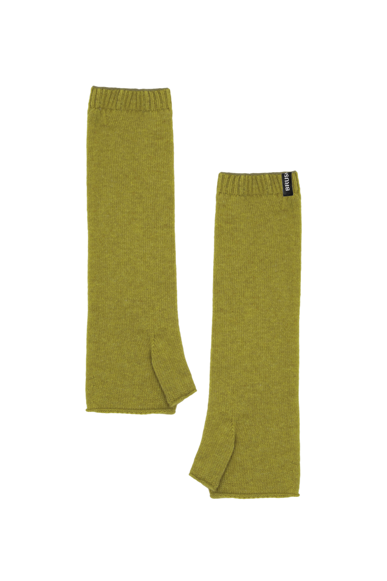 Трикотажные митенки из шерсти с добавлением кашемира. Модель с валиком по краю, эластичной резинкой в рубчик и брендированной биркой. 