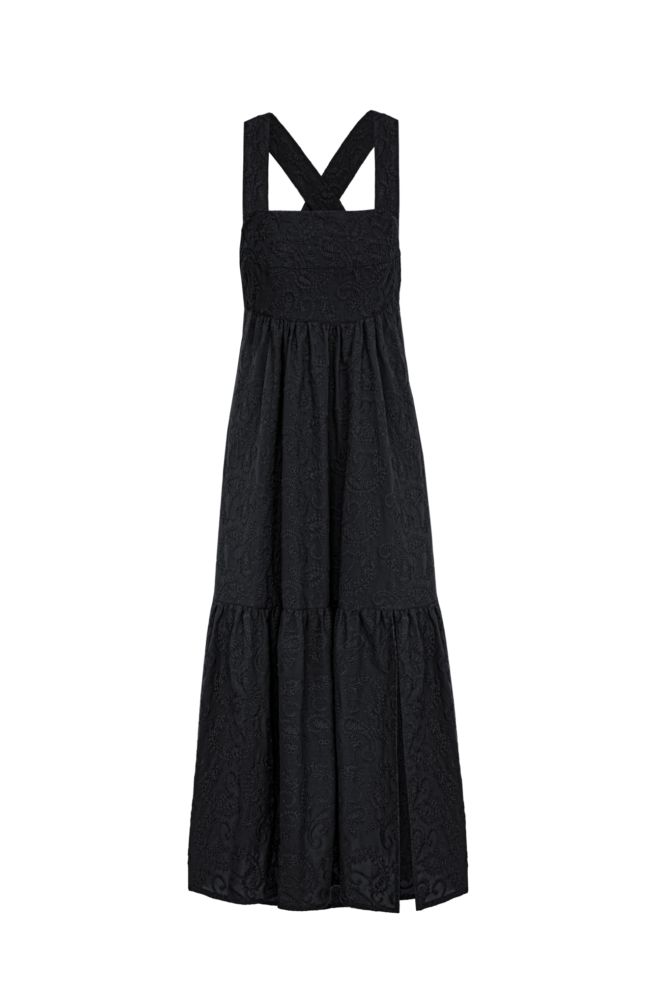 Сарафан из 100% хлопка с объемной вышивкой в тон. Модель свободного силуэта, с широкими бретелями, перекрещивающимися на спине.