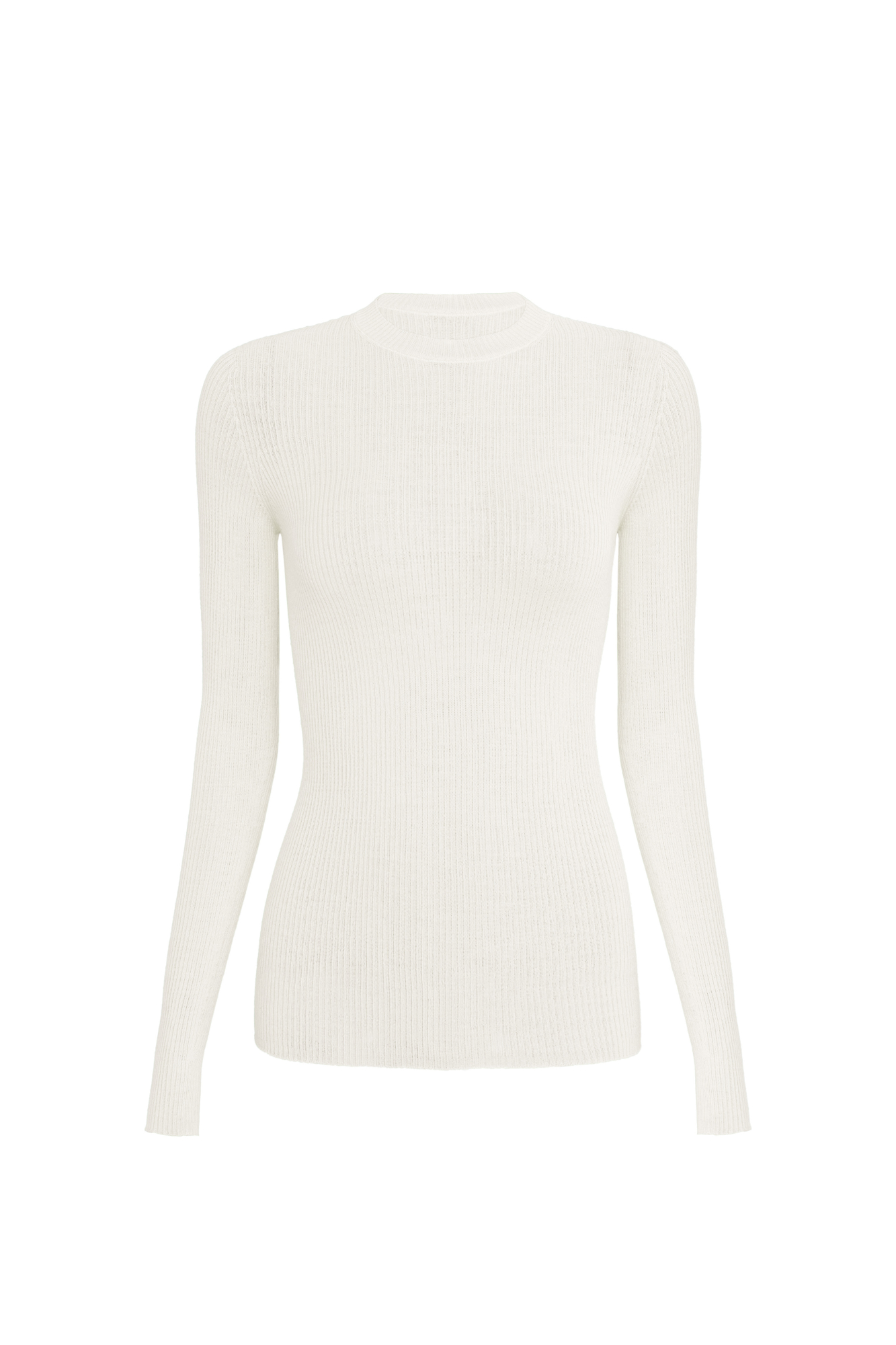 Цельновязанная полупрозрачная водолазка из шерсти. Модель с длинными рукавами и круглым вырезом. Изделие выполнено в рубчик.