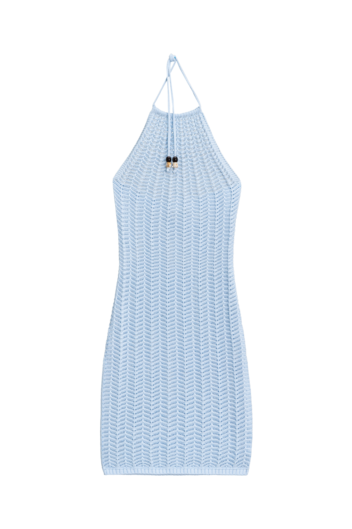 Трикотажное ажурное платье из хлопка. Модель приталенного силуэта, без рукавов, с открытой спиной и вырезом халтер на тонких завязках с бусинами.