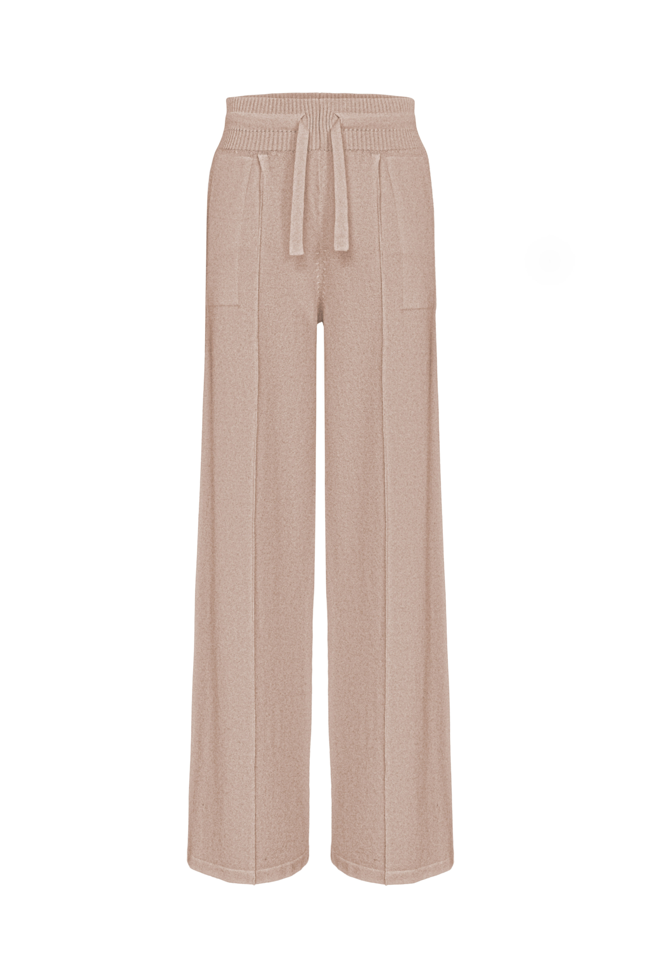 Трикотажные брюки из смесовой шерсти. Модель свободного силуэта со средней посадкой, боковыми карманами и стрелками. Эластичный пояс на кулиске в рубчик.