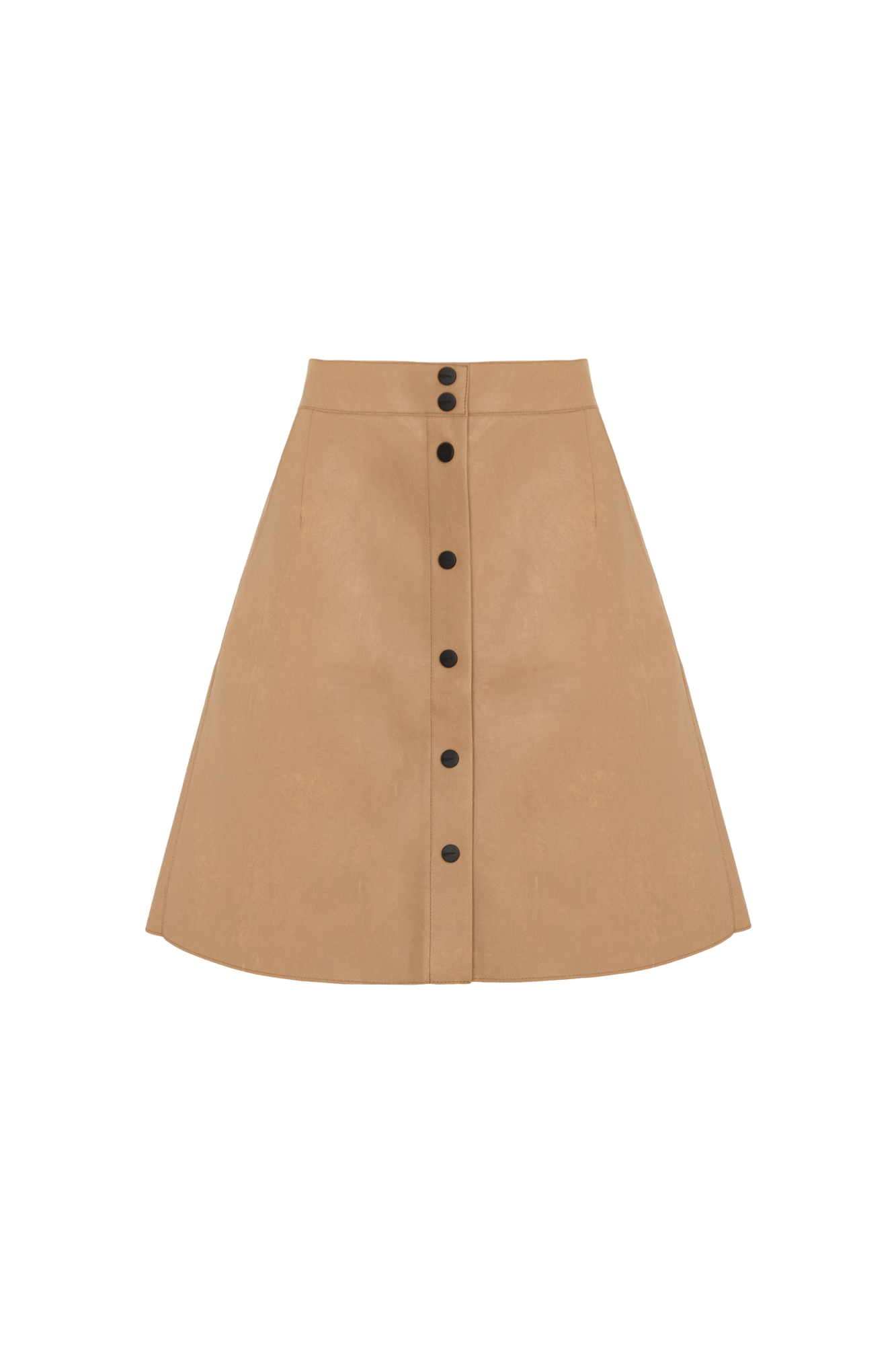 Мини-юбка из двусторонней экокожи с застежкой на пуговицы. Модель трапециевидного силуэта без подкладки.