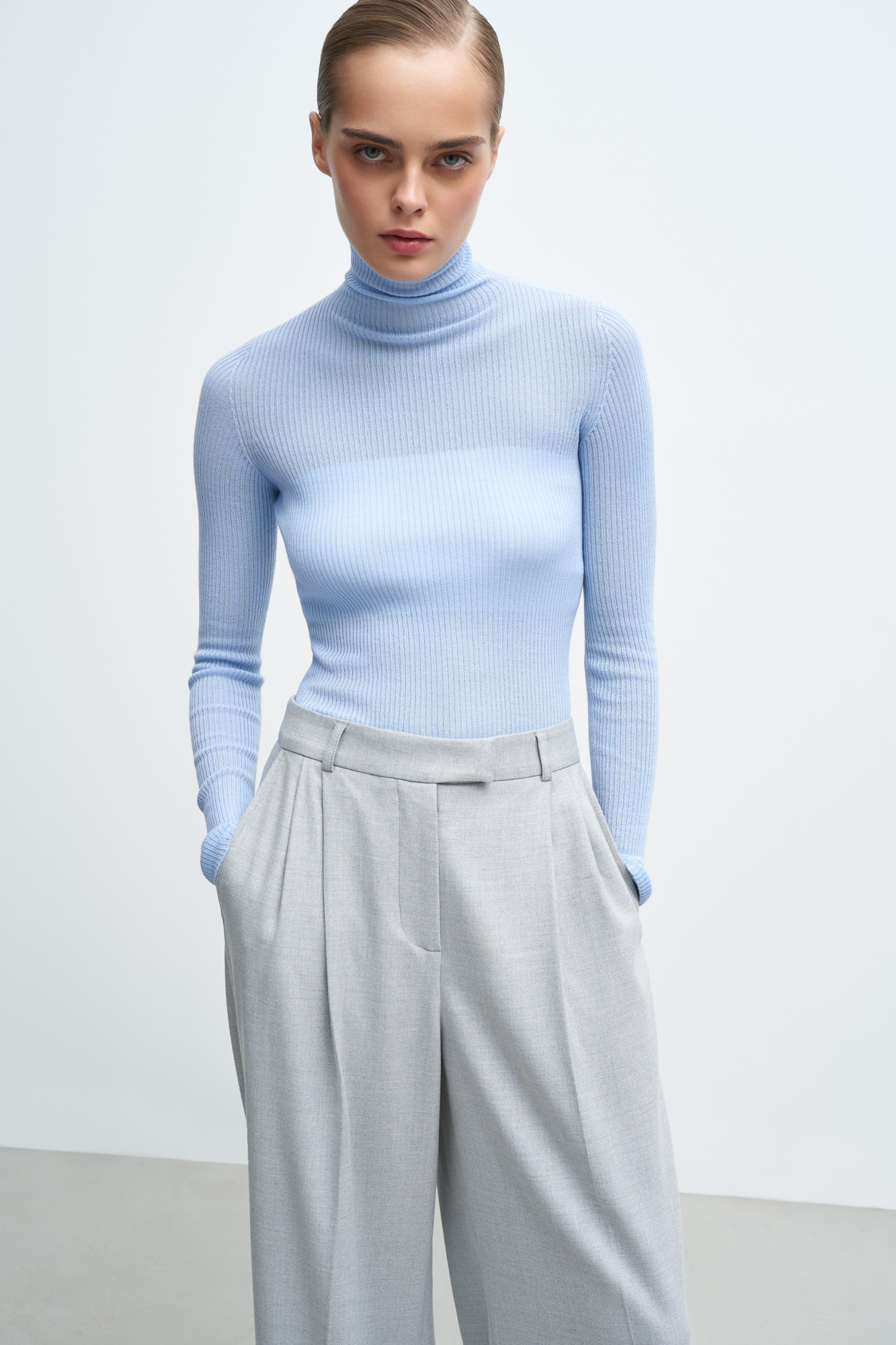 Бесшовная трикотажная водолазка из шерсти мериноса экстрафайн. Модель приталенного силуэта, с длинными рукавами и высоким воротником-стойкой.