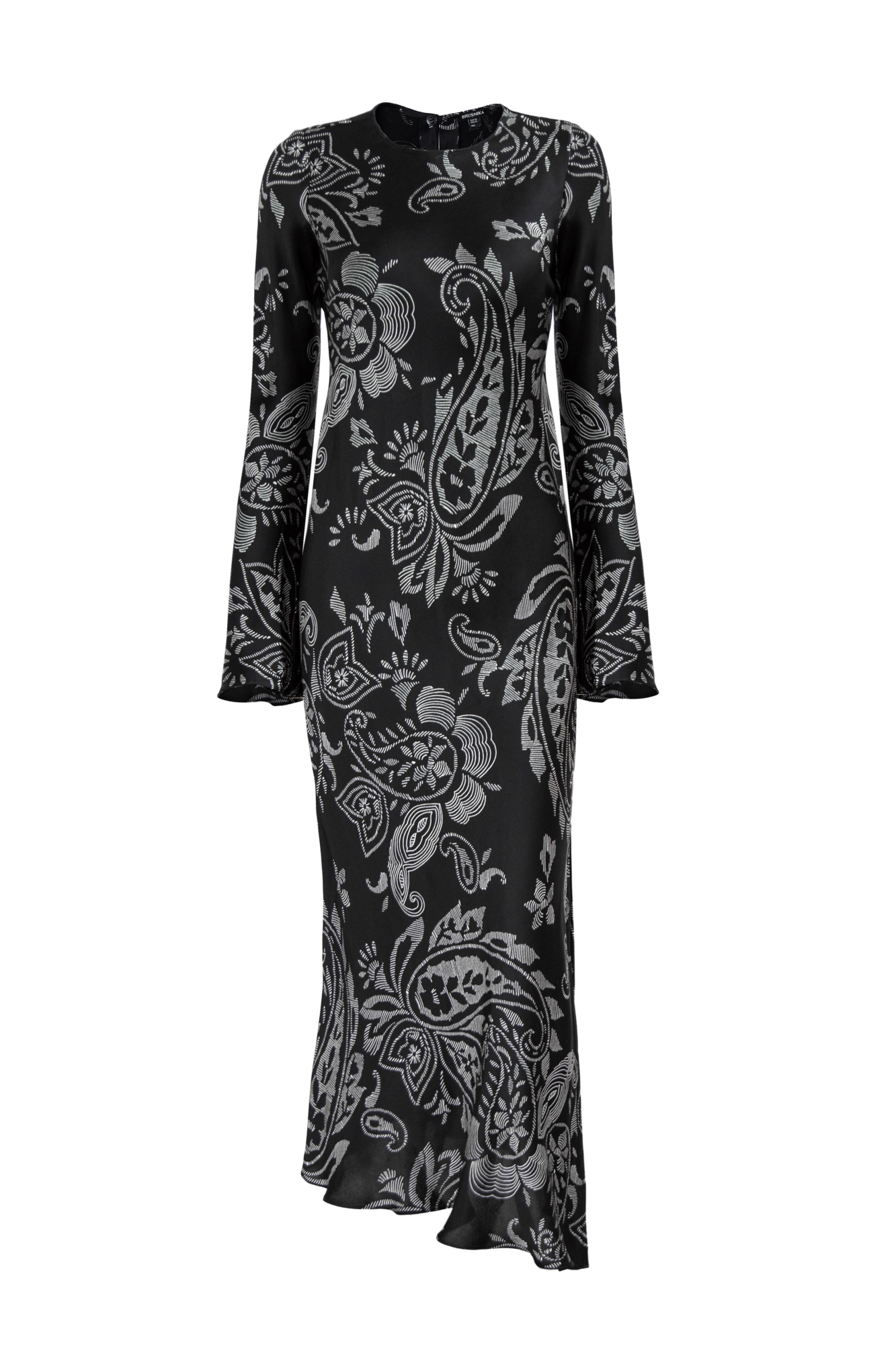 Атласное платье из 100% вискозы с принтом. Модель приталенного силуэта длины миди.