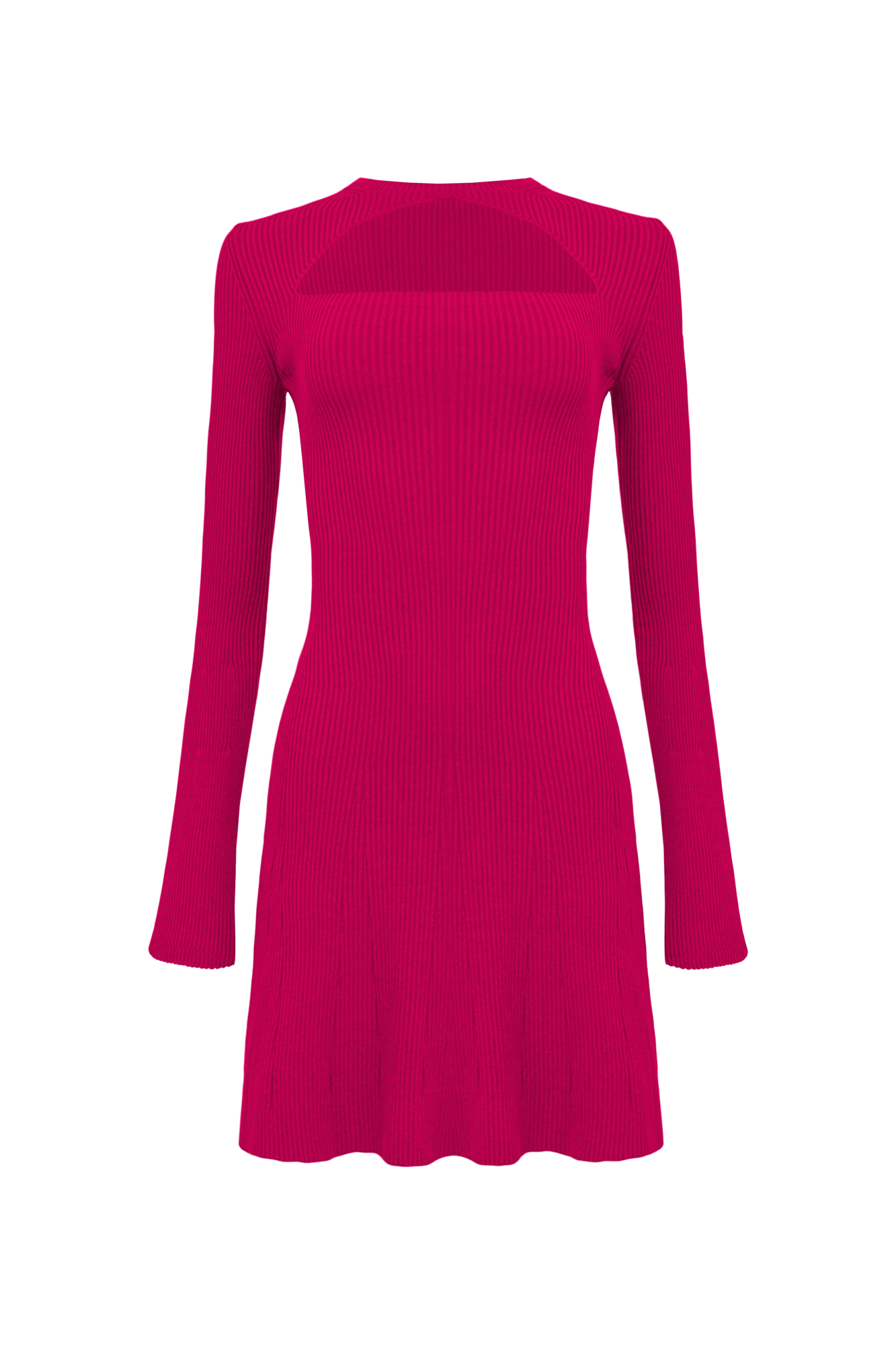 Трикотажное платье силуэта песочные часы. Модель длины мини с вырезом на груди и расклешенными рукавами.