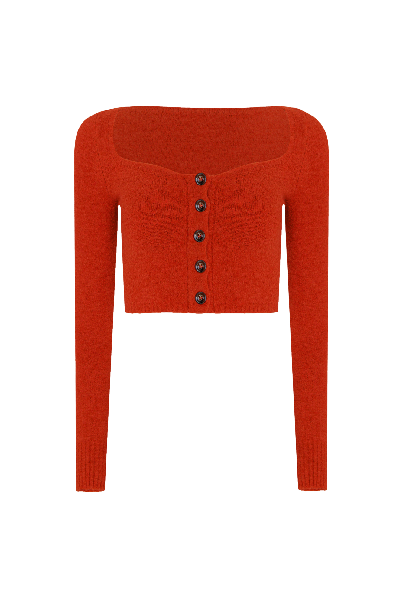 Трикотажный укороченный топ из буклированной пряжи. Модель приталенного силуэта с планкой на пуговицах. Дополнить образ можно юбкой в таком же стиле.