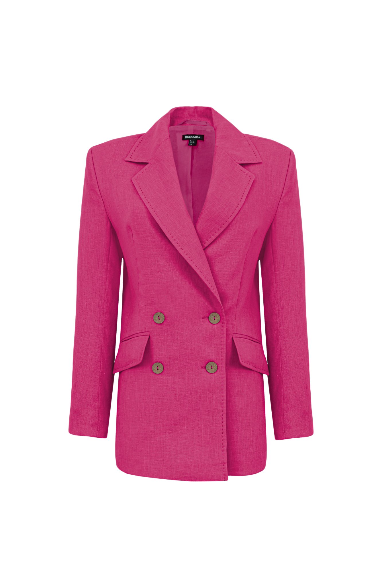 Классический двубортный жакет из 100% льна. Модель прямого кроя с английским воротником и прорезными карманами с клапанами. Изделие декорировано отстрочкой контрастного цвета. На подкладке.