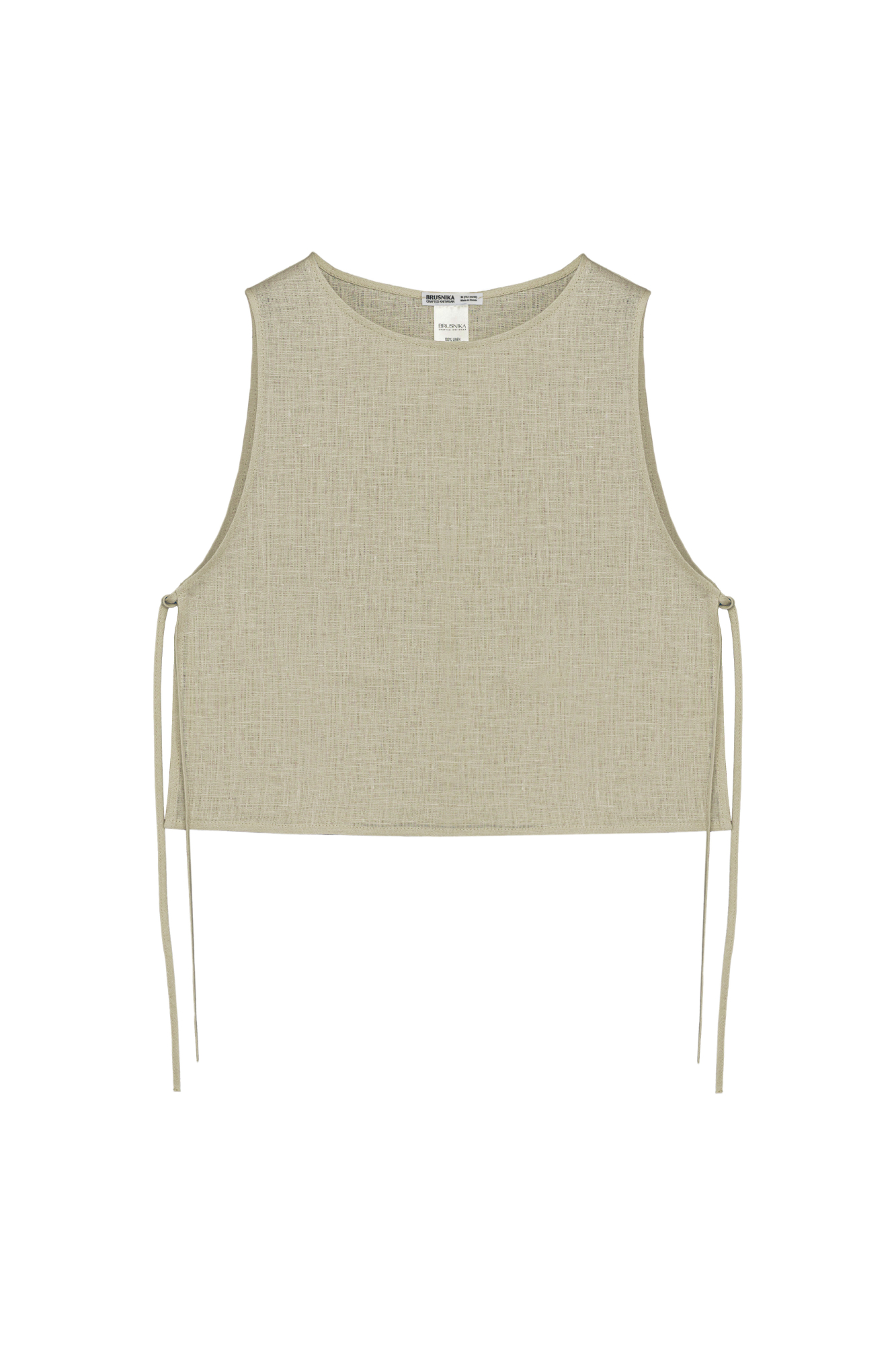 Укороченный топ из 100% льна. Модель свободного кроя, без рукавов, с круглым вырезом горловины. Изделие фиксируется завязками по бокам.