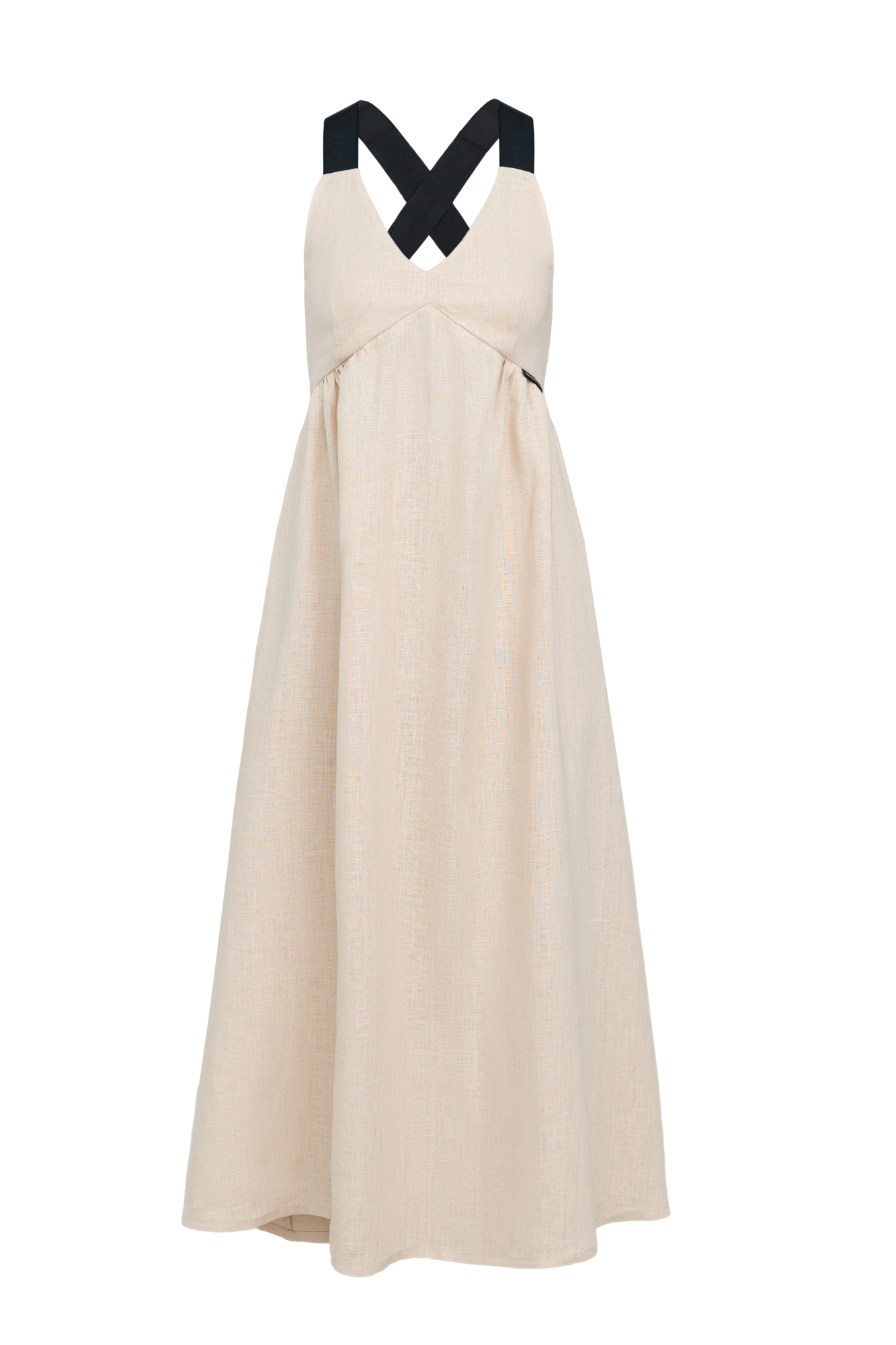 Сарафан из 100% льна длины макси. Модель прямого кроя с акцентным лифом, юбкой А-силуэта и широкими бретелями-лентами контрастного цвета. Вырез на спине.