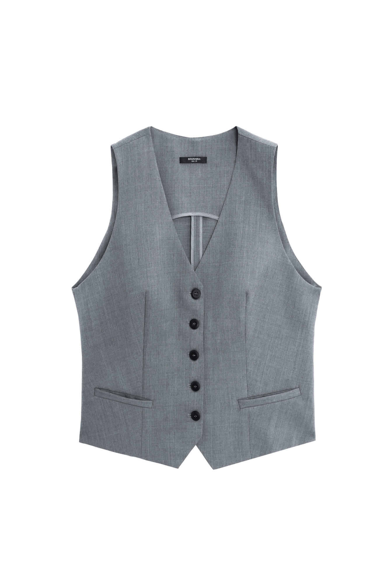 Классический жилет с имитацией карманов и v-образным вырезом. Застежка на пуговицы. Без подкладки.