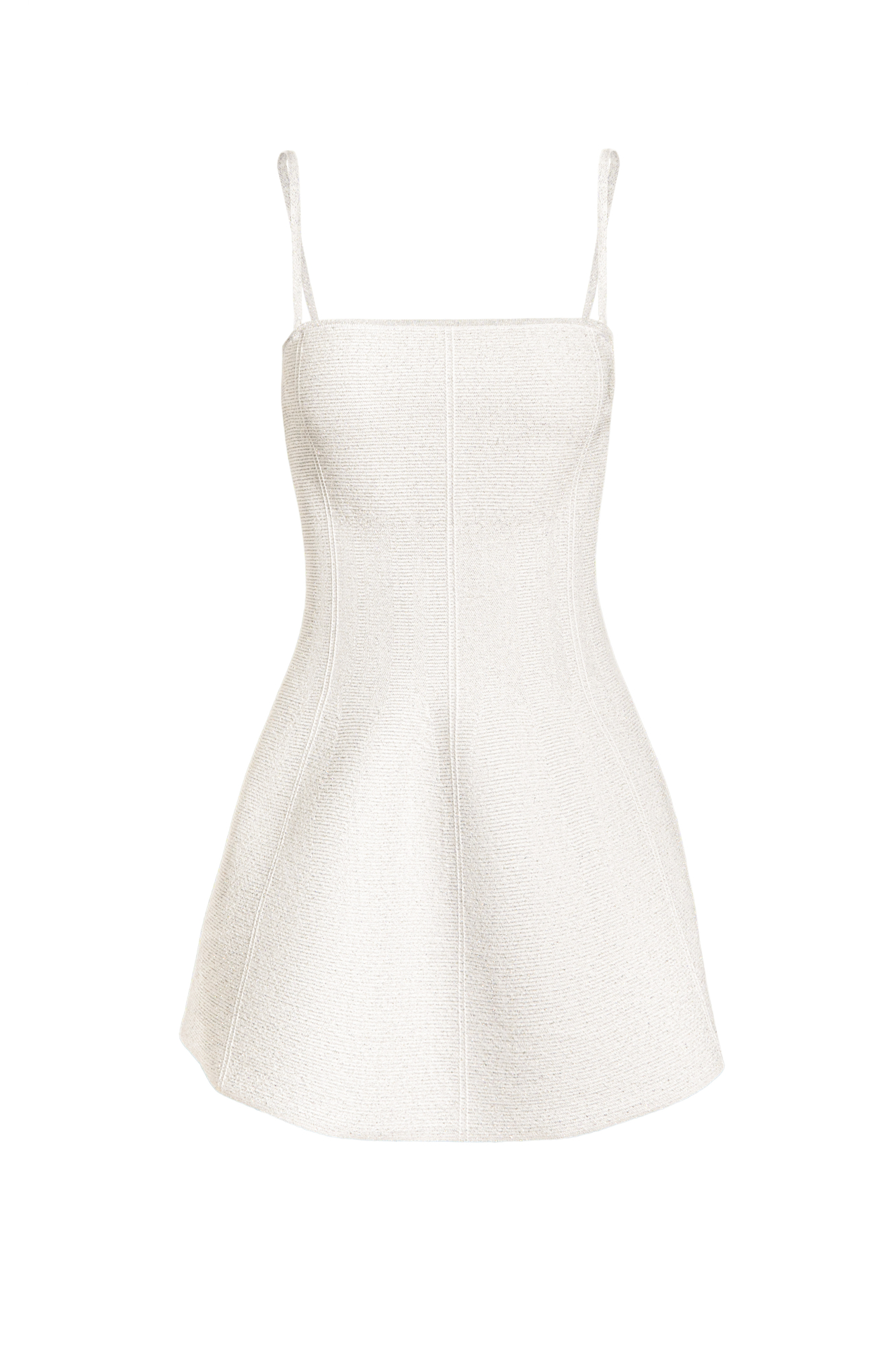 Трикотажное платье длины мини с люрексом. Модель приталенного силуэта на бретелях. Бретели снимаются. Застежка на молнию. 