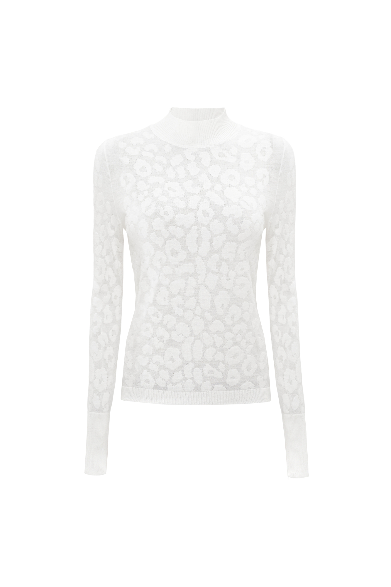 Трикотажная полупрозрачная водолазка из 100% шерсти мериноса экстрафайн с анималистичным принтом. Модель с длинным рукавом и вороником стойкой. 