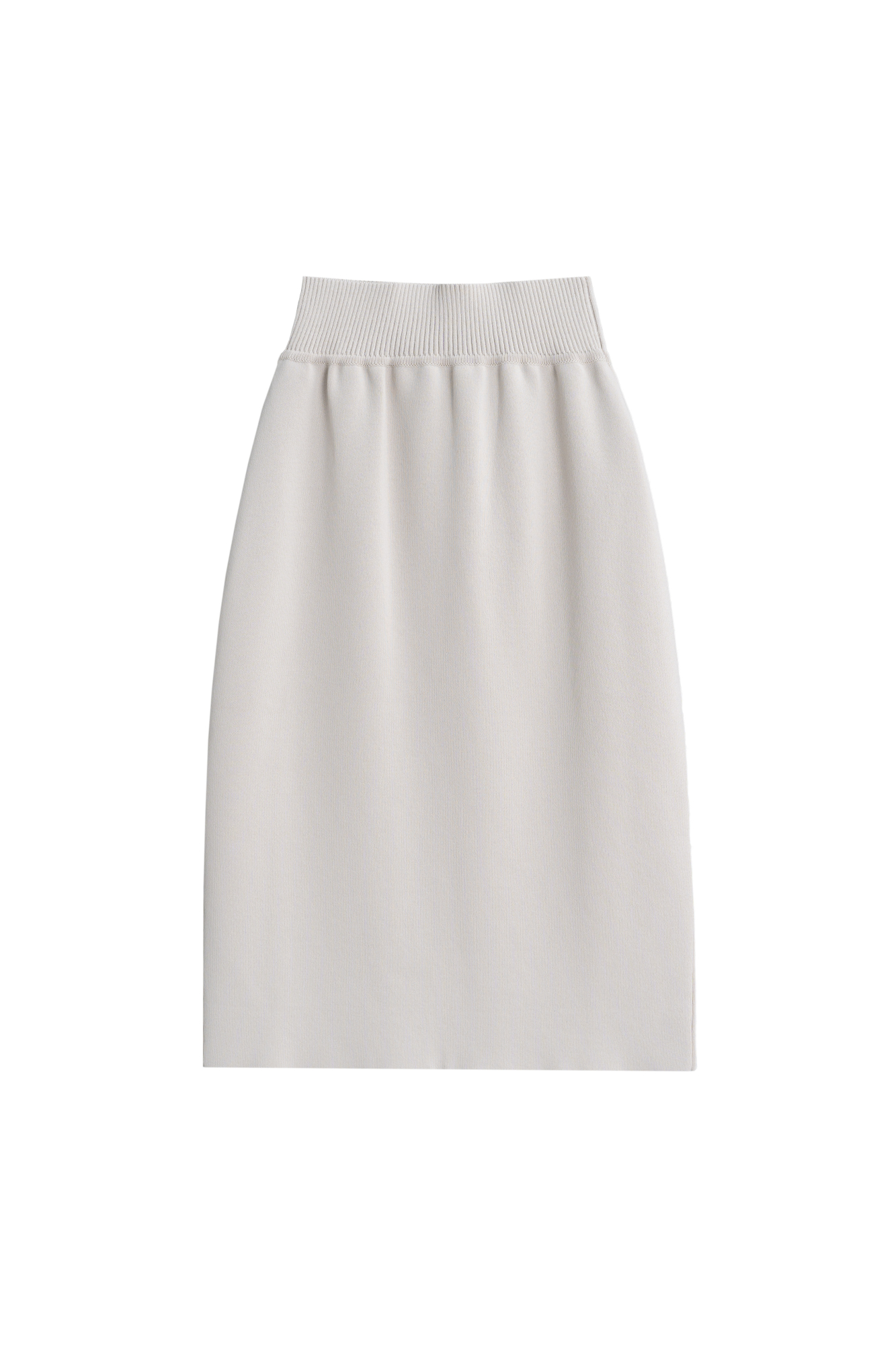 Трикотажная юбка длины миди из вискозы. Модель по фигуре с эластичным поясом на резинке и невысоким разрезом сзади. 
