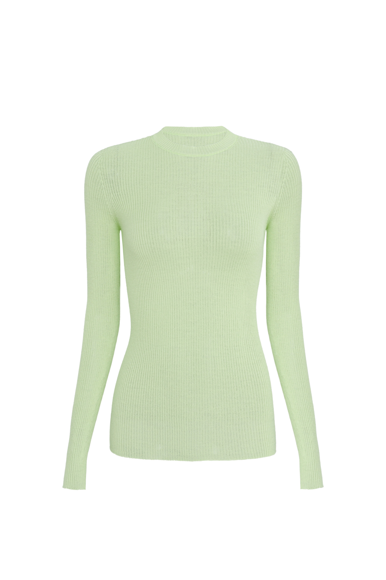 Цельновязанная полупрозрачная водолазка из шерсти. Модель с длинными рукавами и круглым вырезом. Изделие выполнено в рубчик.