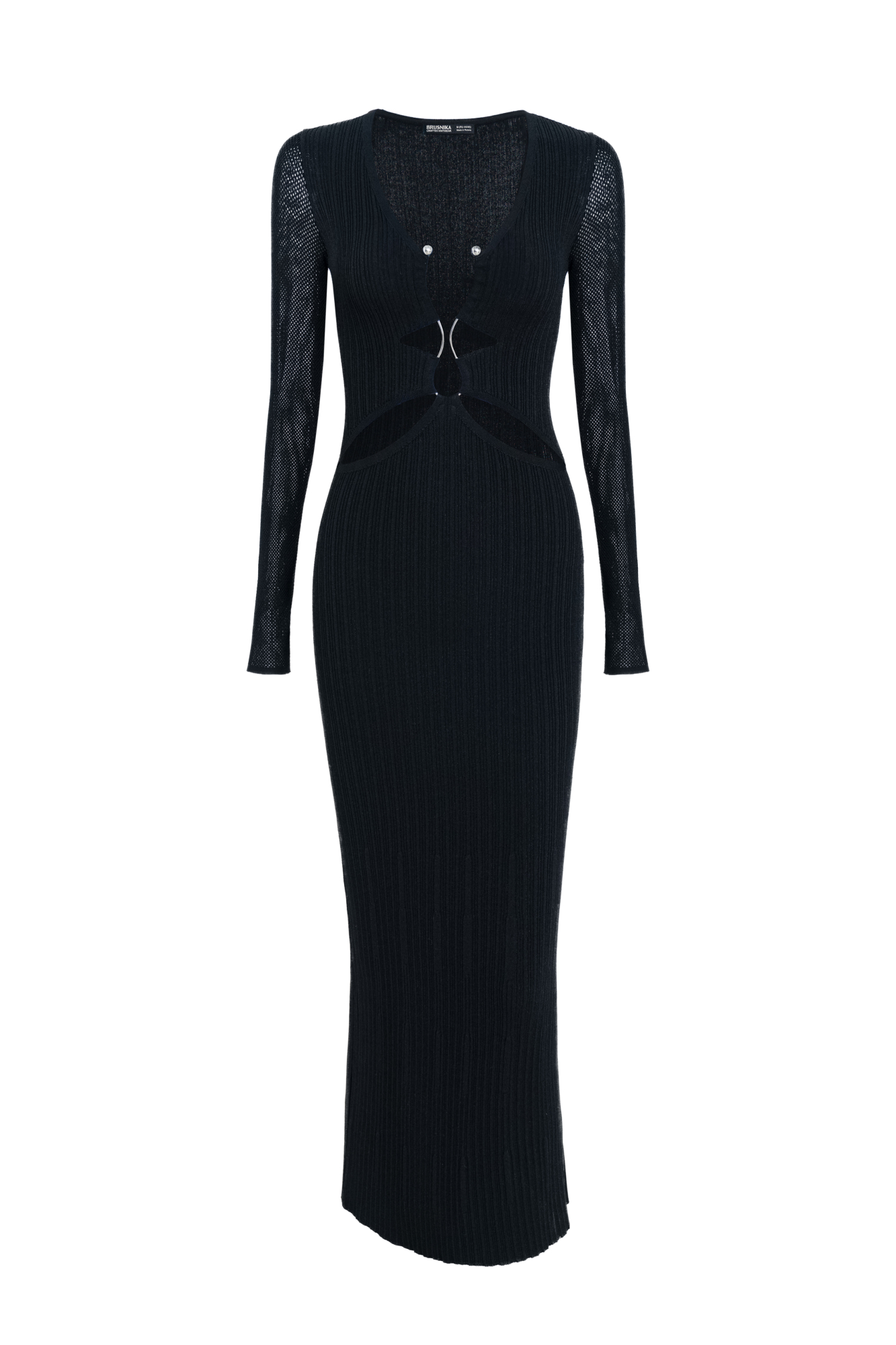 Трикотажное длинное платье из вискозы. Модель приталенного силуэта, с длинными рукавами, глубоким вырезом с акцентным лифом, декорировванным металлической перемычкой.