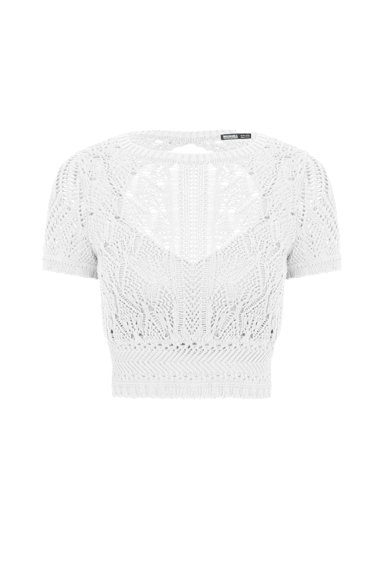 Трикотажный ажурный топ из хлопка с добавлением эластана. Модель с короткими рукавами и открытой спиной.