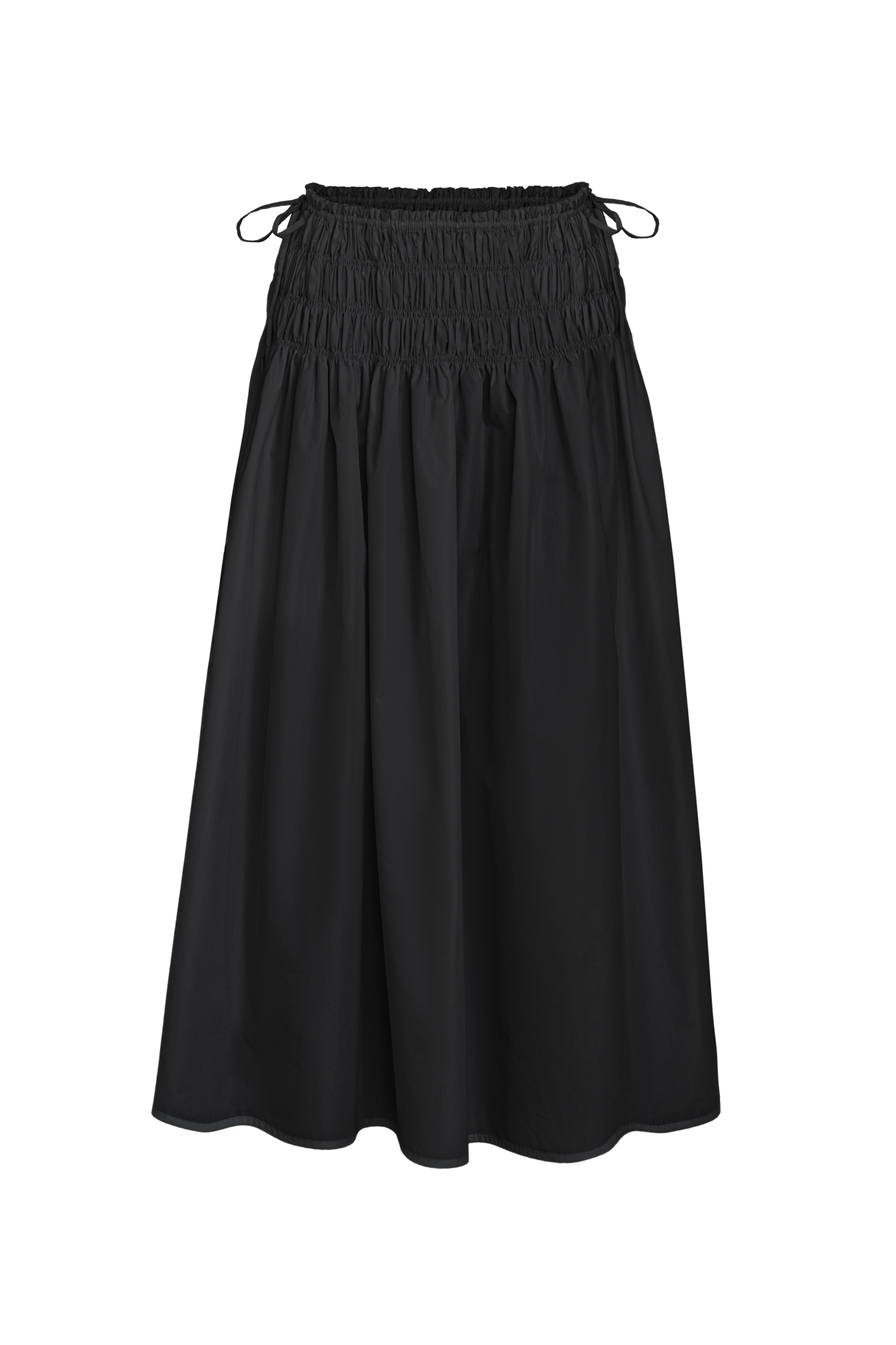 Юбка длины миди из хлопка. Модель свободного силуэта, с эластичными сборками и кулиской на поясе. 