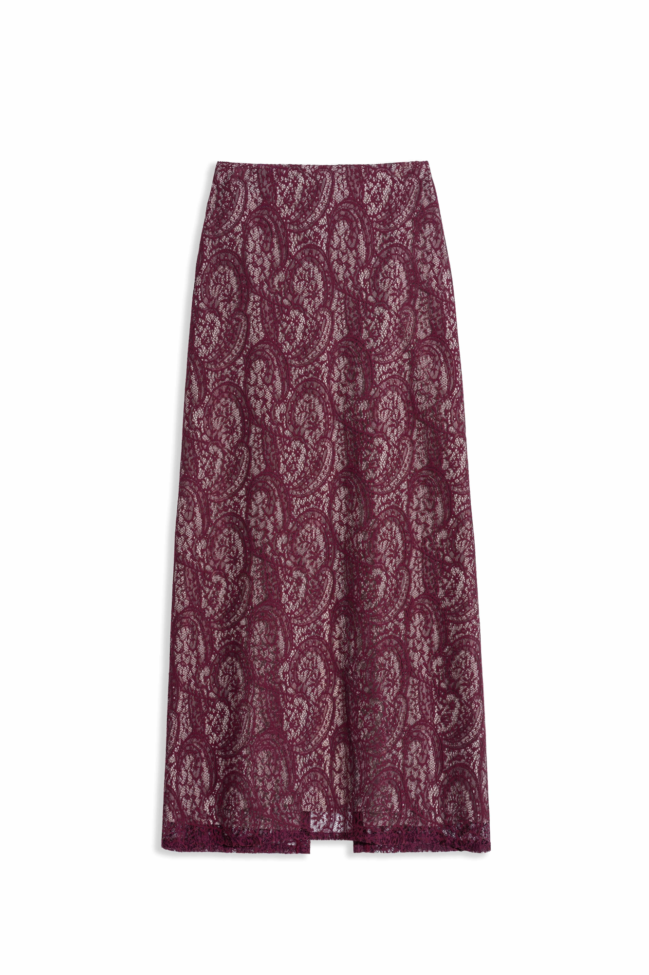 Юбка длины миди, выполненная из кружева на подкладке контрастного цвета. Модель прямого силуэта, с разрезом сзади и застежкой на молнию.