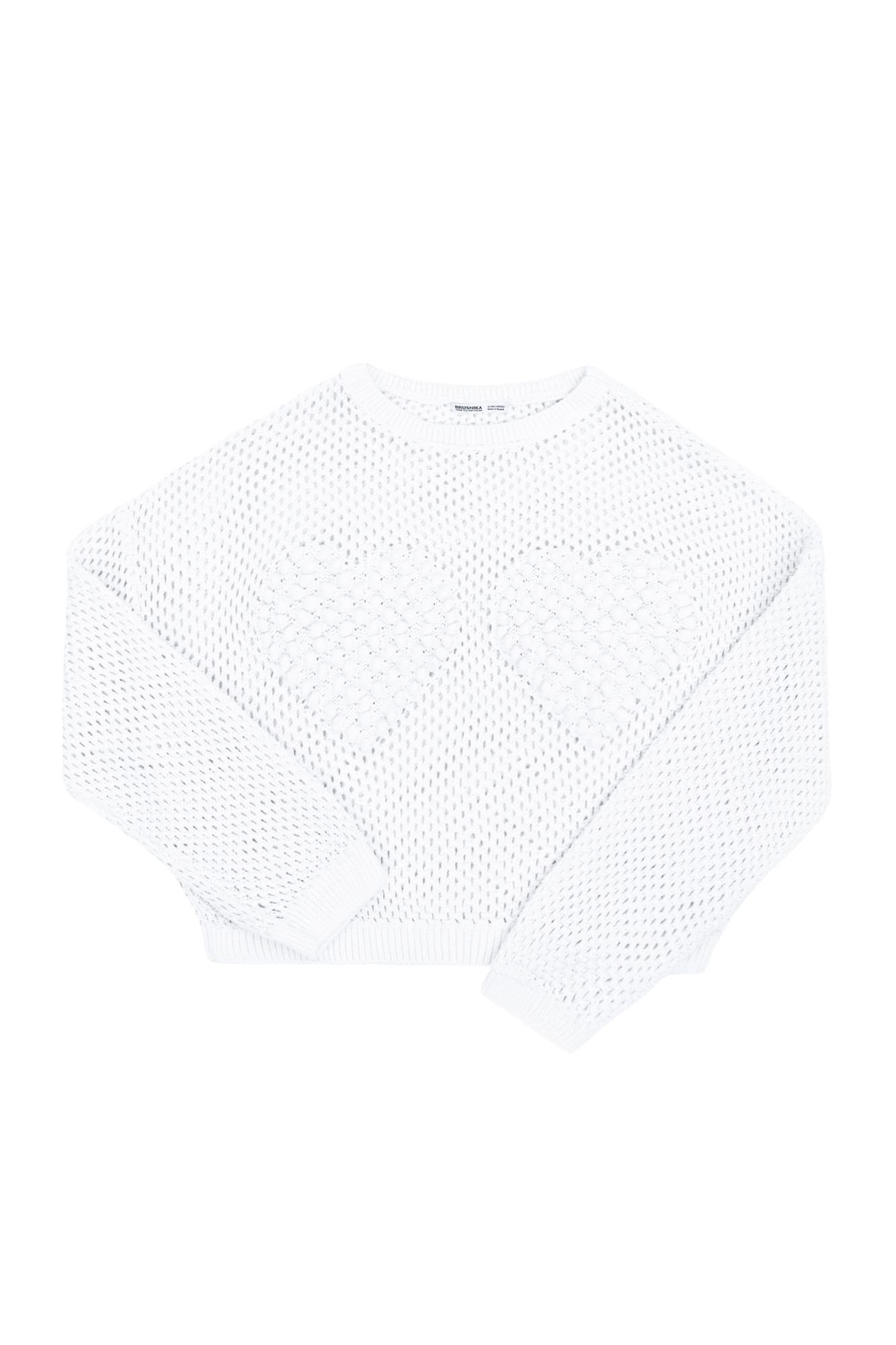 Трикотажный джемпер из хлопка. Модель свободного силуэта со спущенной линией плеча и круглым вырезом горловины. Изделие декорировано объемным орнаментом в виде двух сердец на груди.