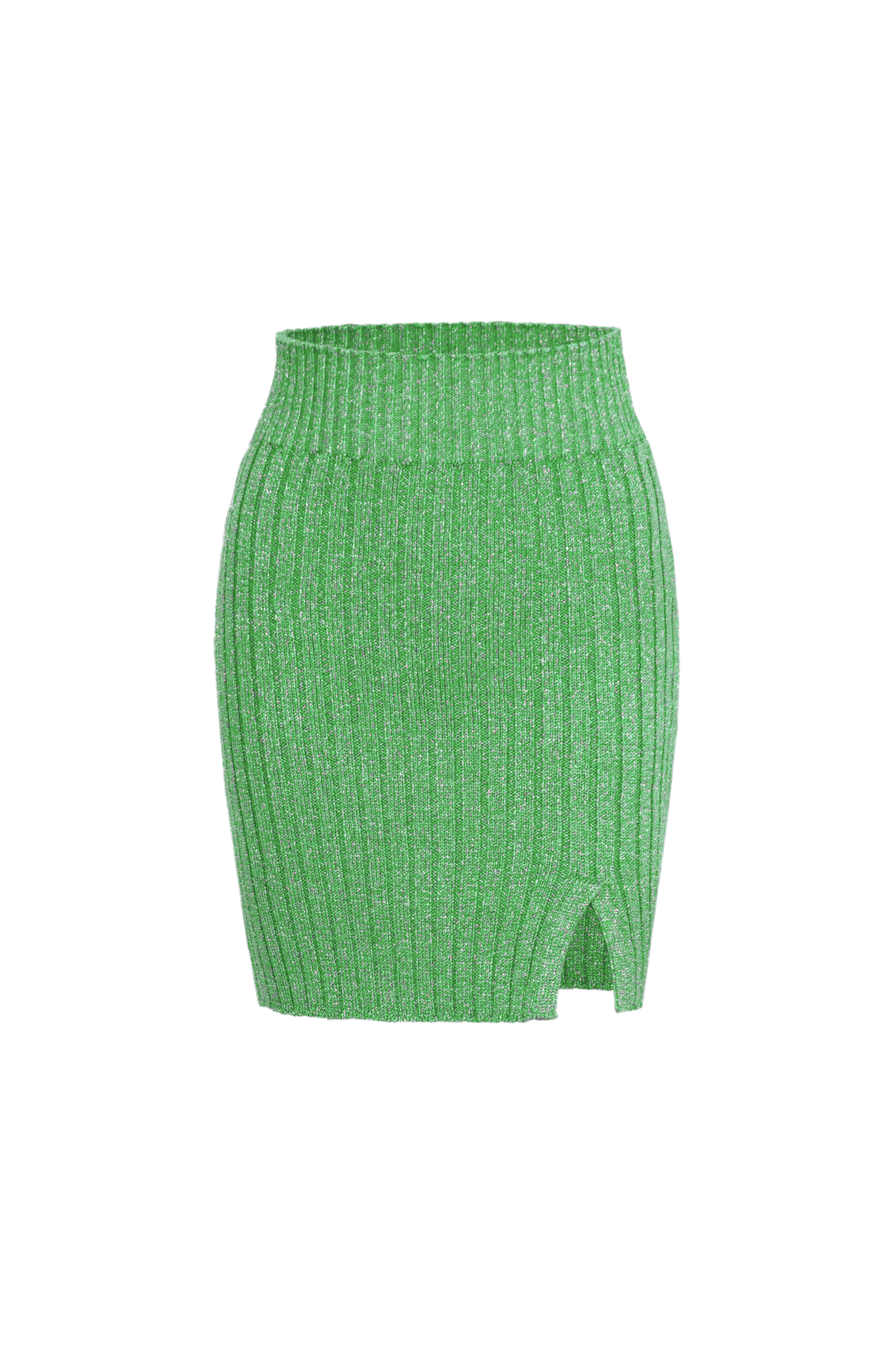 Юбка длины мини из вискозы с добавлением люрекса. Модель приталенного силуэта с широким эластичным поясом и разрезом спереди. Дополнить образ можно топом в таком же стиле. 