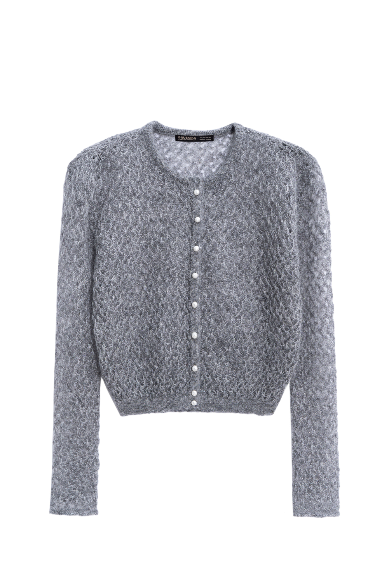 Трикотажный ажурный кардиган из шерсти с пайетками. Модель свободного силуэта с длинными рукавами, круглым вырезом горловины и застежкой на жемчужные пуговицы.