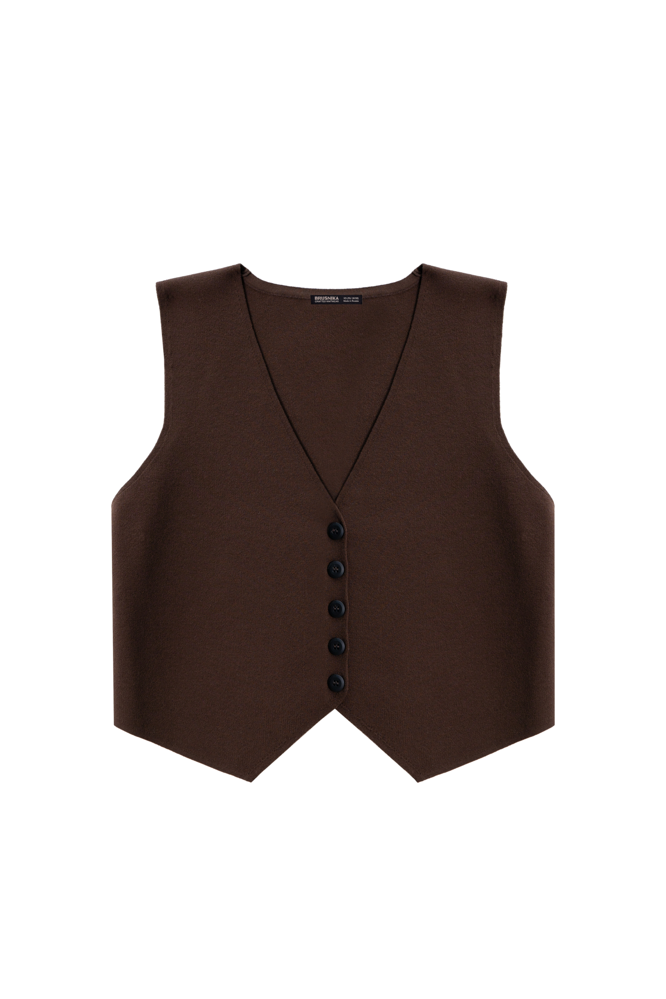 Трикотажный жилет из вискозы. Модель прямого кроя с V-образным вырезом и застежкой на пуговицы.