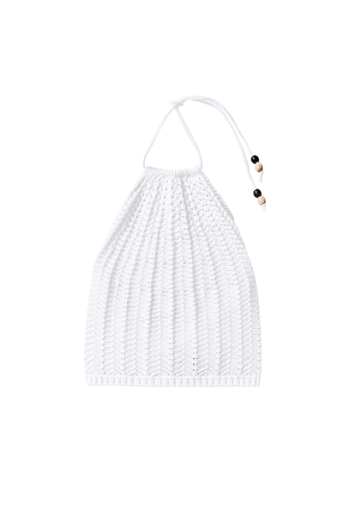 Трикотажный топ из хлопка. Модель без рукавов, с открытой спиной и вырезом халтер с завязками, декорированными бусинами. Вязка выполнена узором "ёлочка".