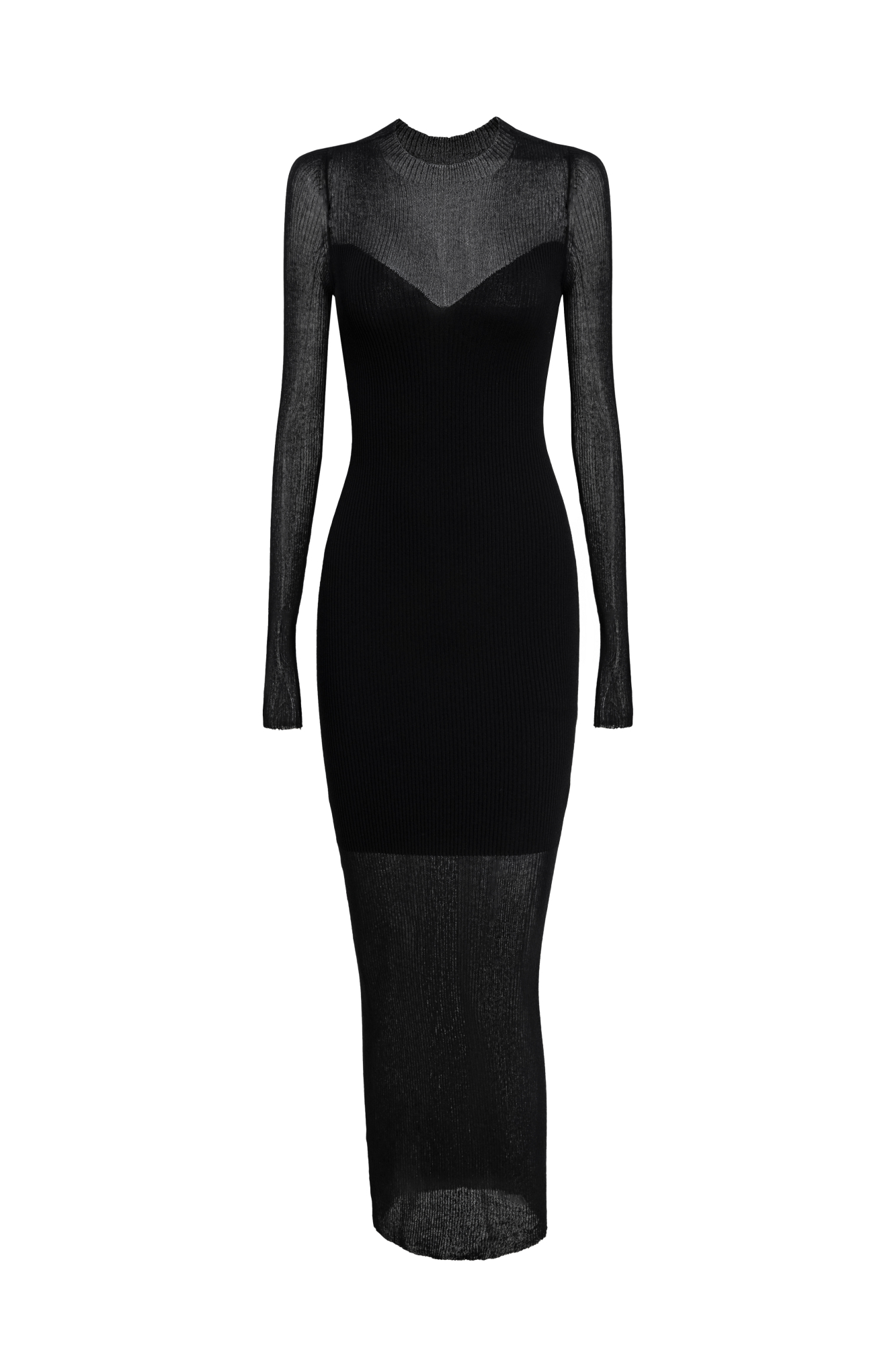 Платье макси облегающего кроя из трикотажа на основе хлопка и вискозы. Круглый вырез. Длинные рукава. Имитация прозрачного нижнего слоя.