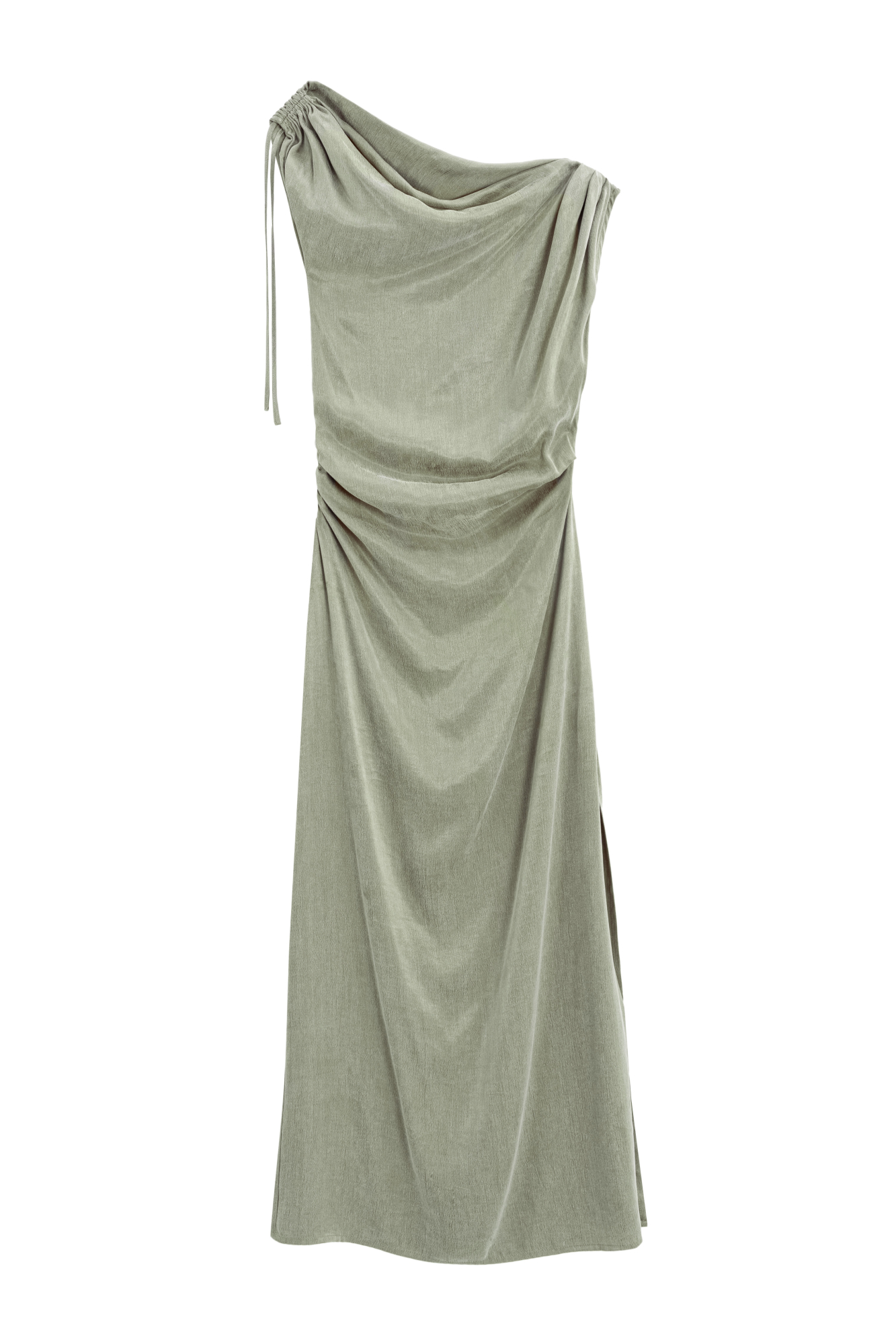 Платье из купры длины макси. Модель приталенного силуэта, без рукавов, с асимметричным вырезом горловины, драпировкой на плече и талиии. Высокий разрез сбоку.