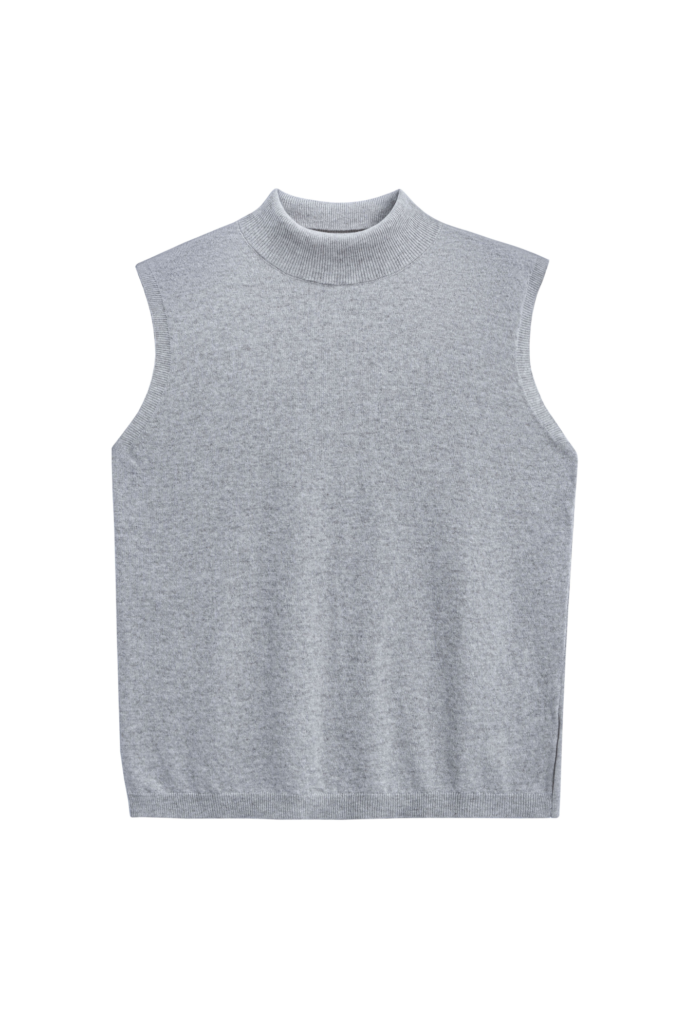 Трикотажный жилет из кашемира и шерсти. Модель без рукавов с воротником-стойкой, выполненным в тонкий рубчик.