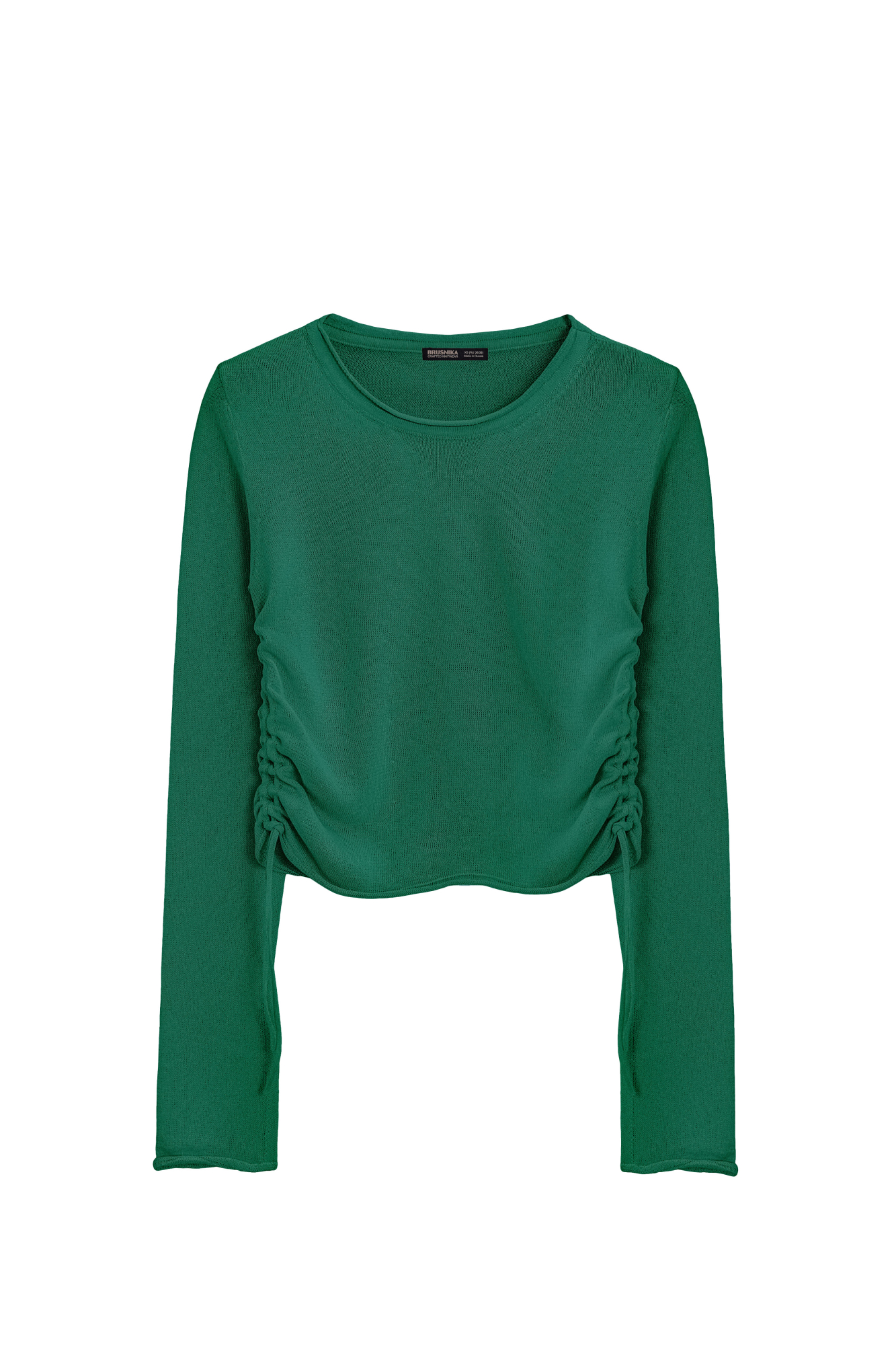 Трикотажный топ из вискозы. Модель прямого кроя, с длинным рукавом, небольшими разрезами на манжетах и круглым вырезом горловины. Кулиски по бокам изделия позволяют регулировать длину и создавать драпировку.